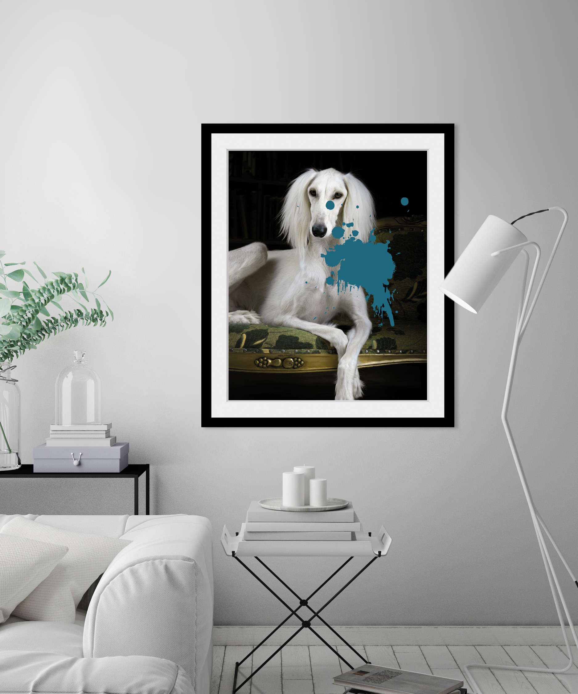 queence Bild »Hund mit Farbklecks«, Hunde-Hund-Hundebilder-Haustiere-Humor, HD Premium Poster-Druck inkl. Holzrahmen