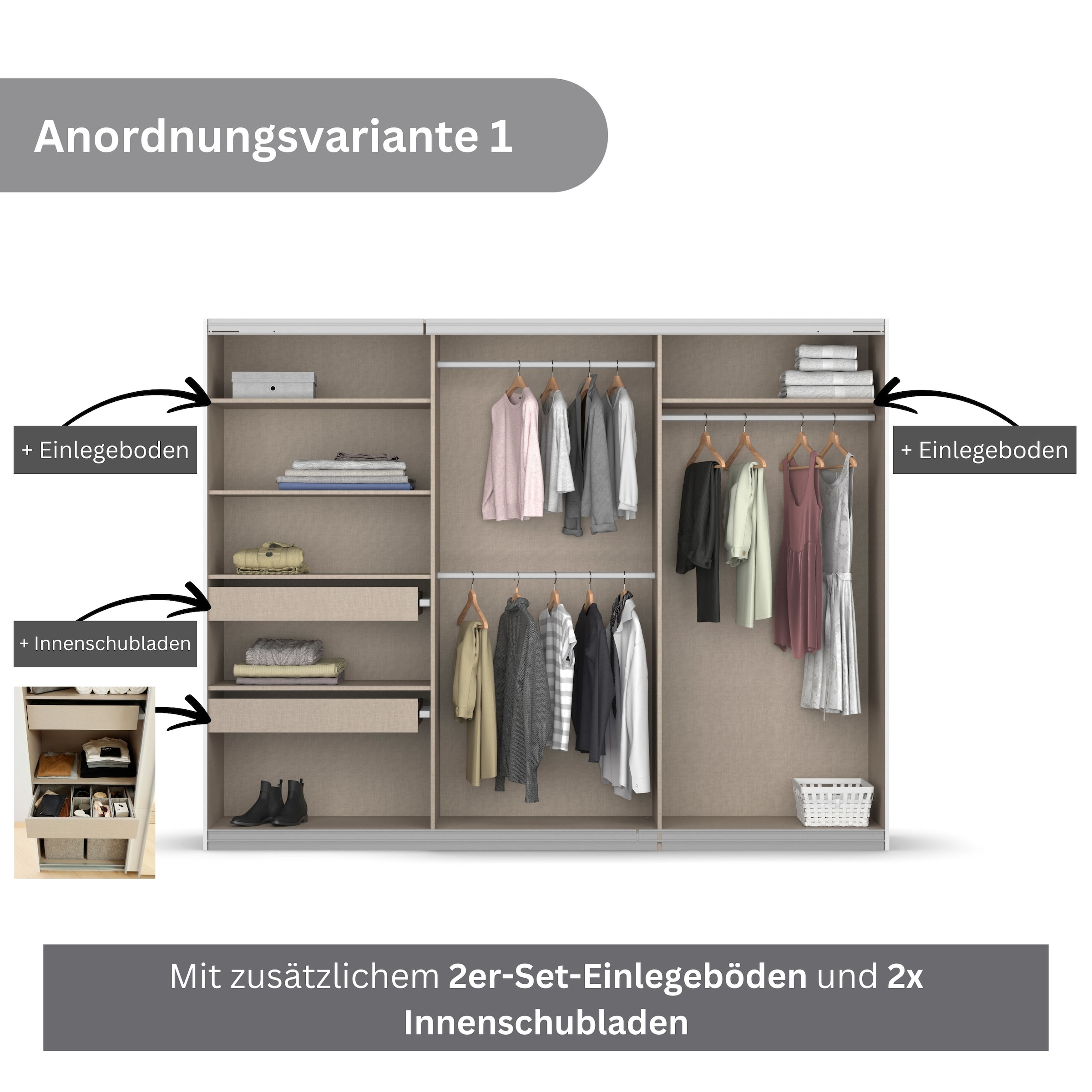 rauch Schwebetürenschrank »Kleiderschrank Schrank Garderobe KOLUNA mit Glastüren und Spiegel«, inkl. 2 Innenschubladen sowie extra Einlegeböden MADE IN GERMANY
