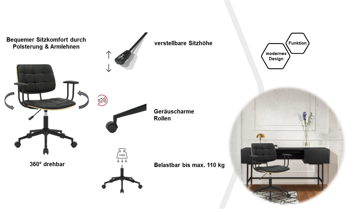 Guido Maria Kretschmer Home&Living Bürostuhl »Synne«, Kunstleder, mit Steppung, Furnierholz, geräuscharme Rollen, moderner Retrolook