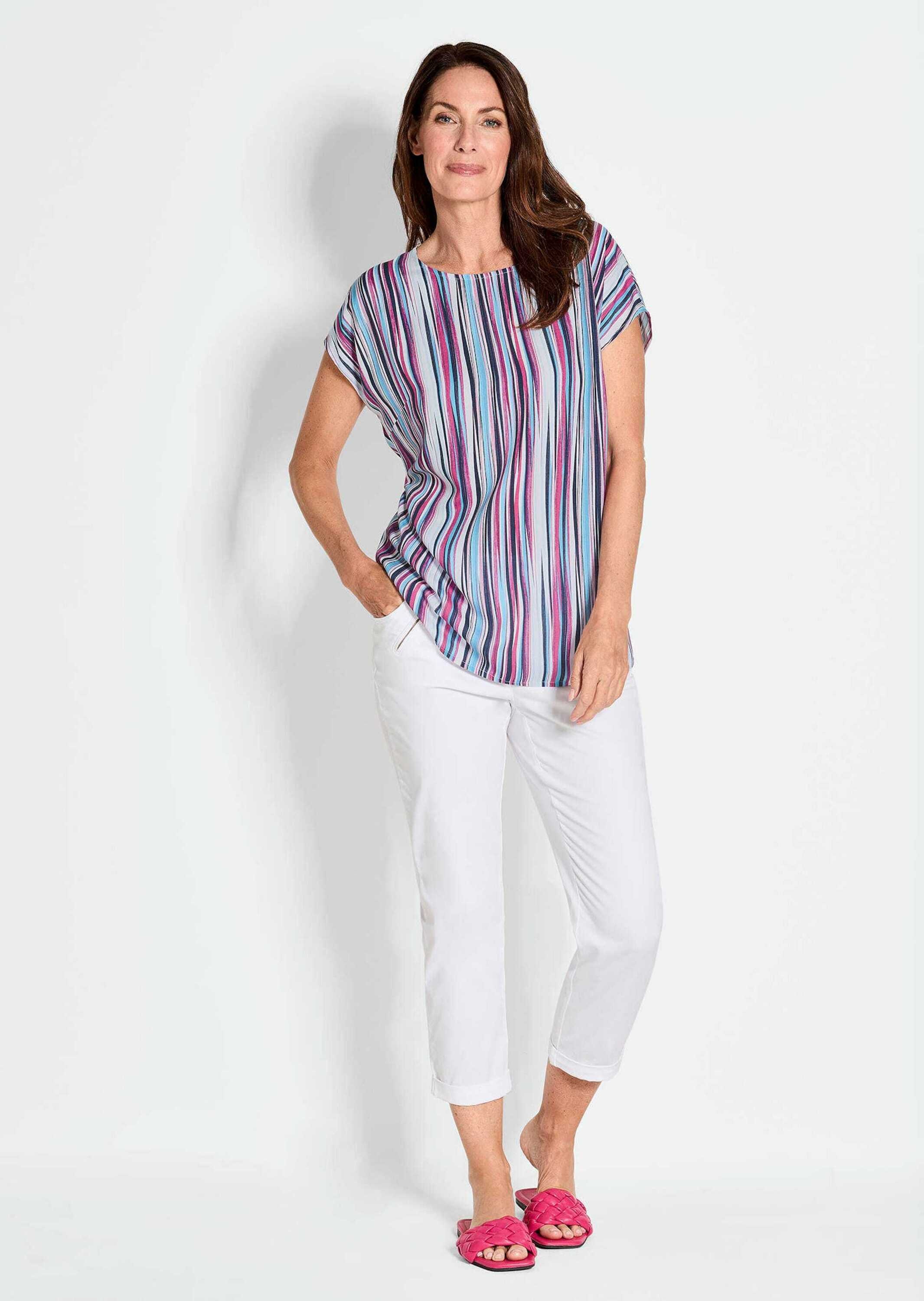 GOLDNER Druckbluse »Kurzgröße Streifenbluse mit Halbarm, überschnittene Schulter«