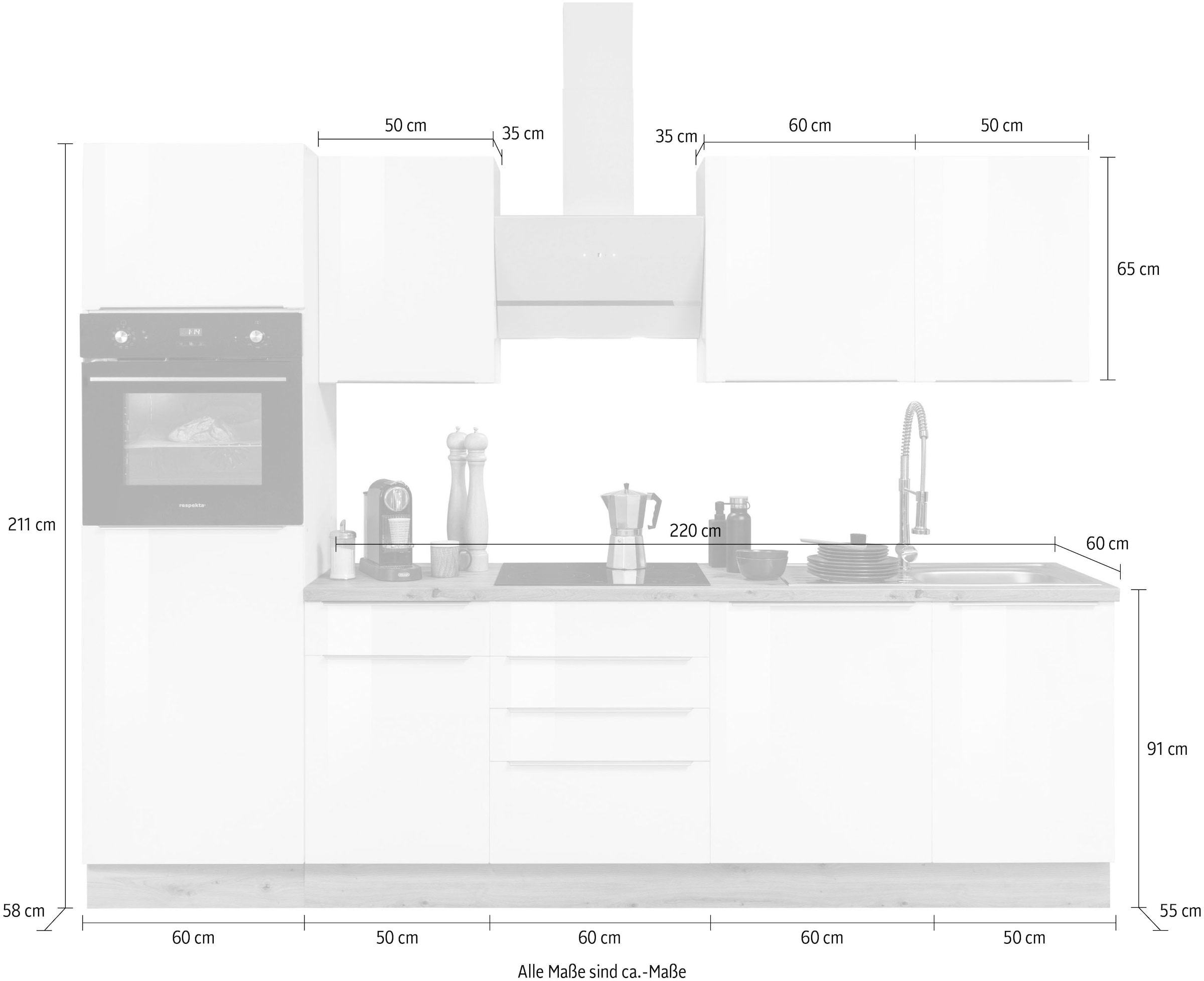 RESPEKTA Küchenzeile »Safado aus der Serie kaufen Ausstattung wie Soft hochwertige Close Funktion, cm Marleen«, auf Raten Breite 280