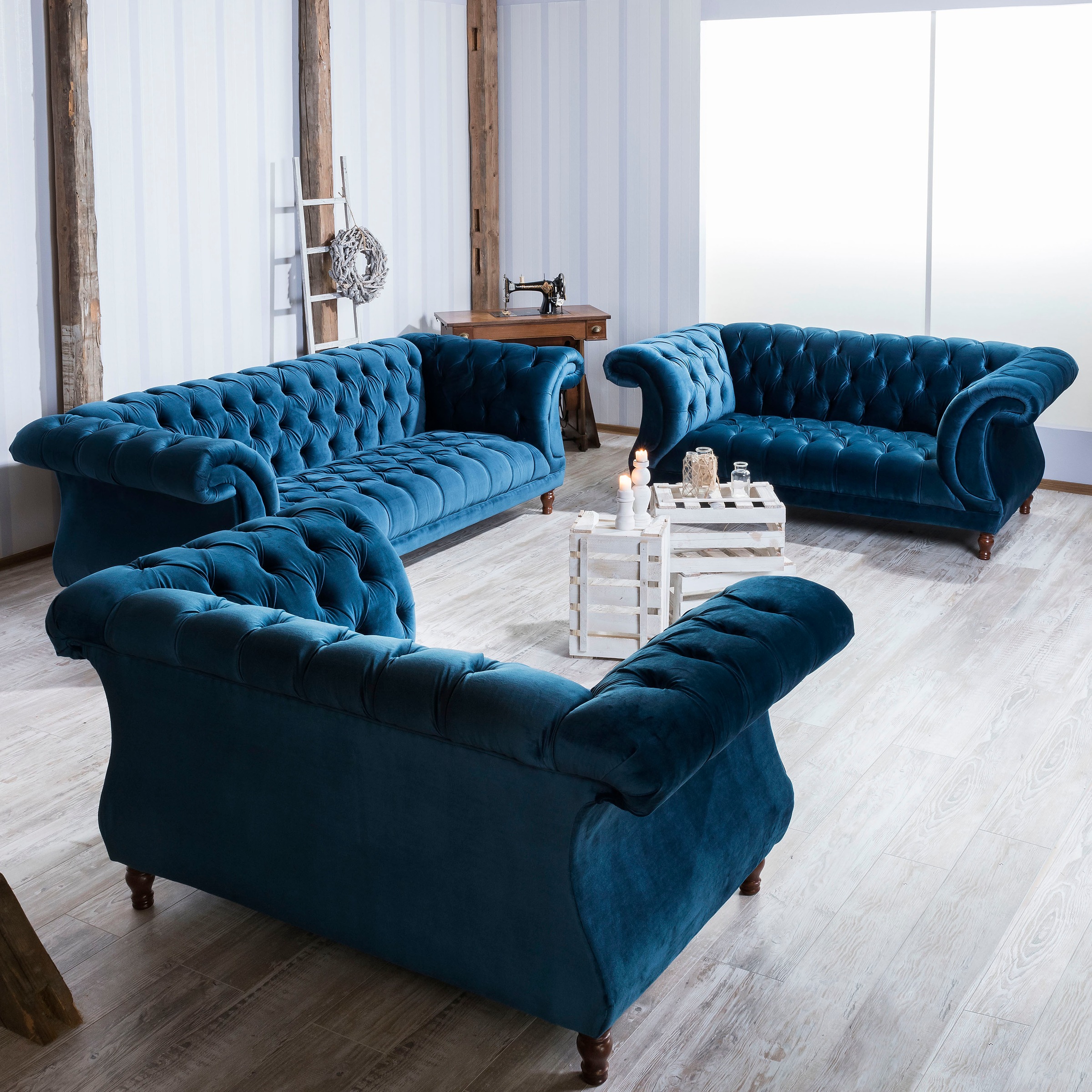 Max Winzer® Chesterfield-Sofa »Isabelle«, Knopfheftung & gedrechselten Füßen in Buche Nussbaum, Breite 200 cm