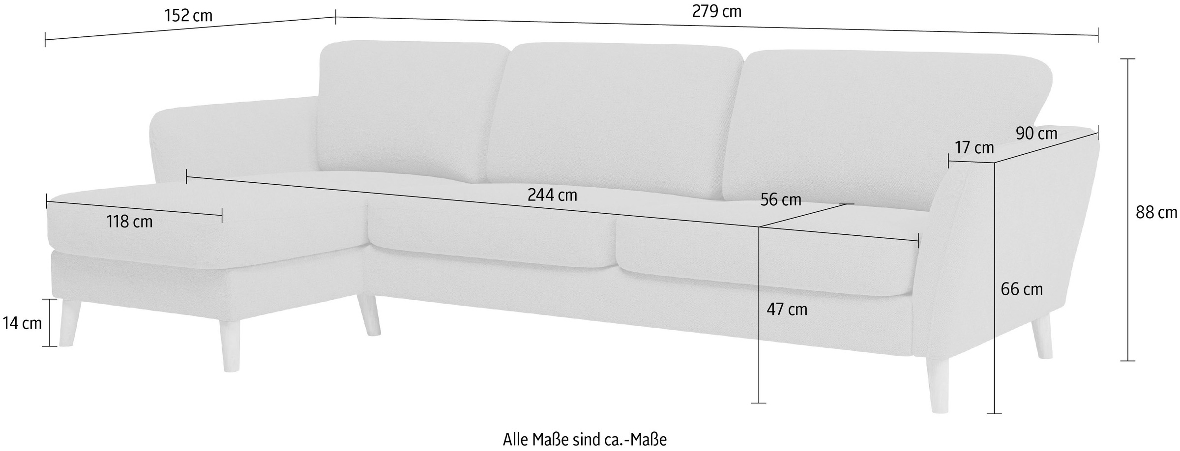 Home affaire Ecksofa »MARSEILLE (279/152cm),L-Form, Rec. rechts/links, verschiedene Bezüge«, Massivholzbeine Eiche, Landhausstil, Wellenunterfederung