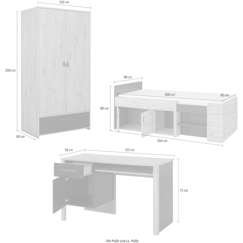 Gami Jugendzimmer-Set »Arthus«, (3 St., Funktionsbett, Kleiderschrank, Schreibtisch)