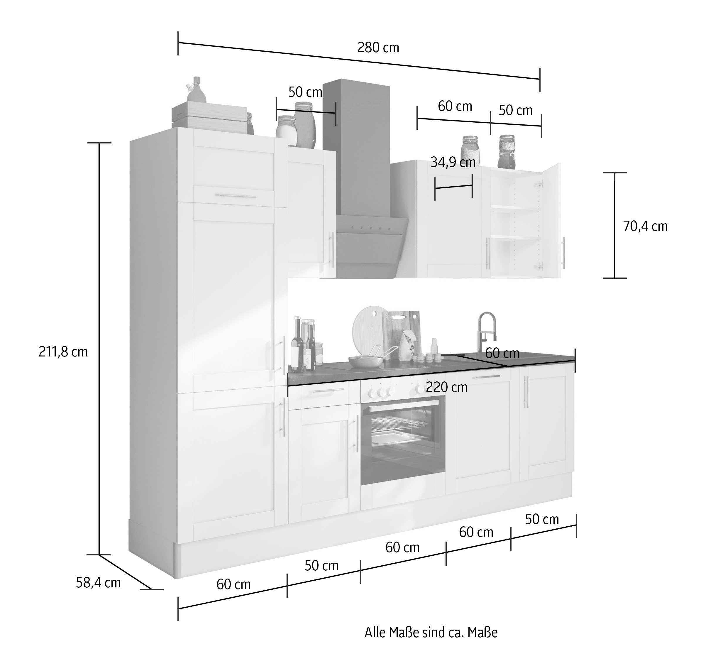 OPTIFIT Küche »Ahus«, 280 cm breit, ohne E-Geräte, MDF Fronten, Soft Close Funktion