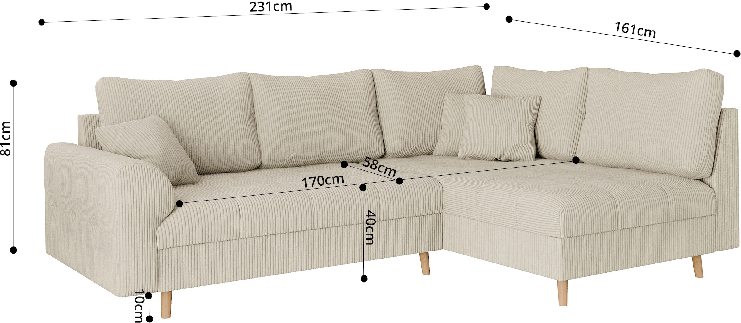 Home affaire Ecksofa »CHARRE L-Form mit Ottomane, Maße B/T/H: 231/161/81 cm«, feine Steppung, lose Rücken- und Zierkissen, auch in Cord und Bouclé