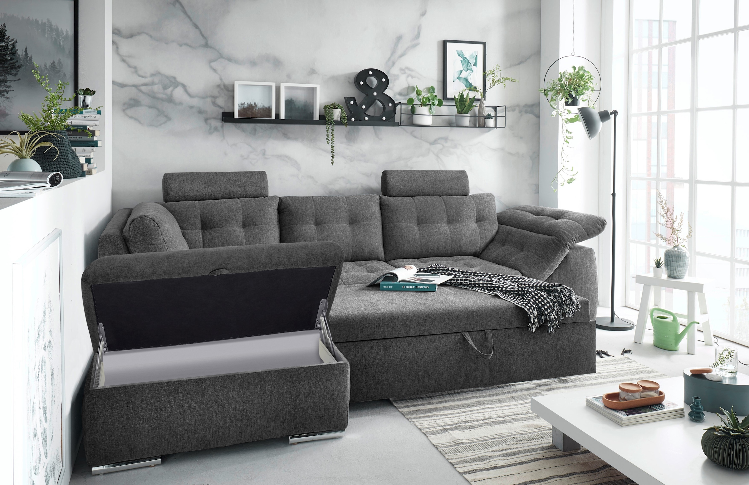 ED EXCITING DESIGN Ecksofa Oman, mit Bettfunktion, Bettkasten, Armteilverstellung und  Kopfstützen