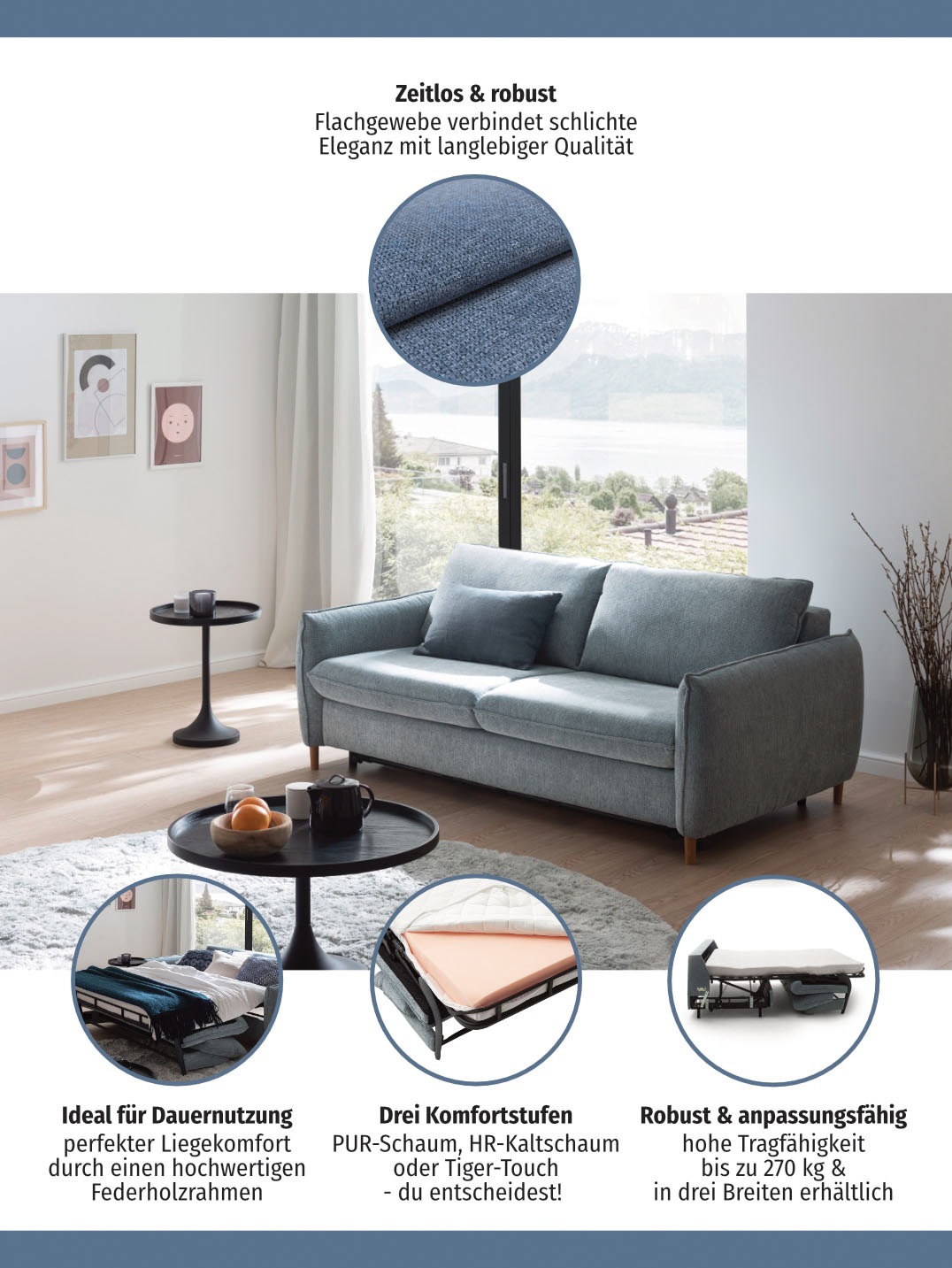 Places of Style Schlafsofa »Bacoli für Dauerschläfer geeignet durch hochwertigen Faltbeschlag«, in 3 Breiten und 3 Matratzenausführungen, belastbar 200 bis 270 kg