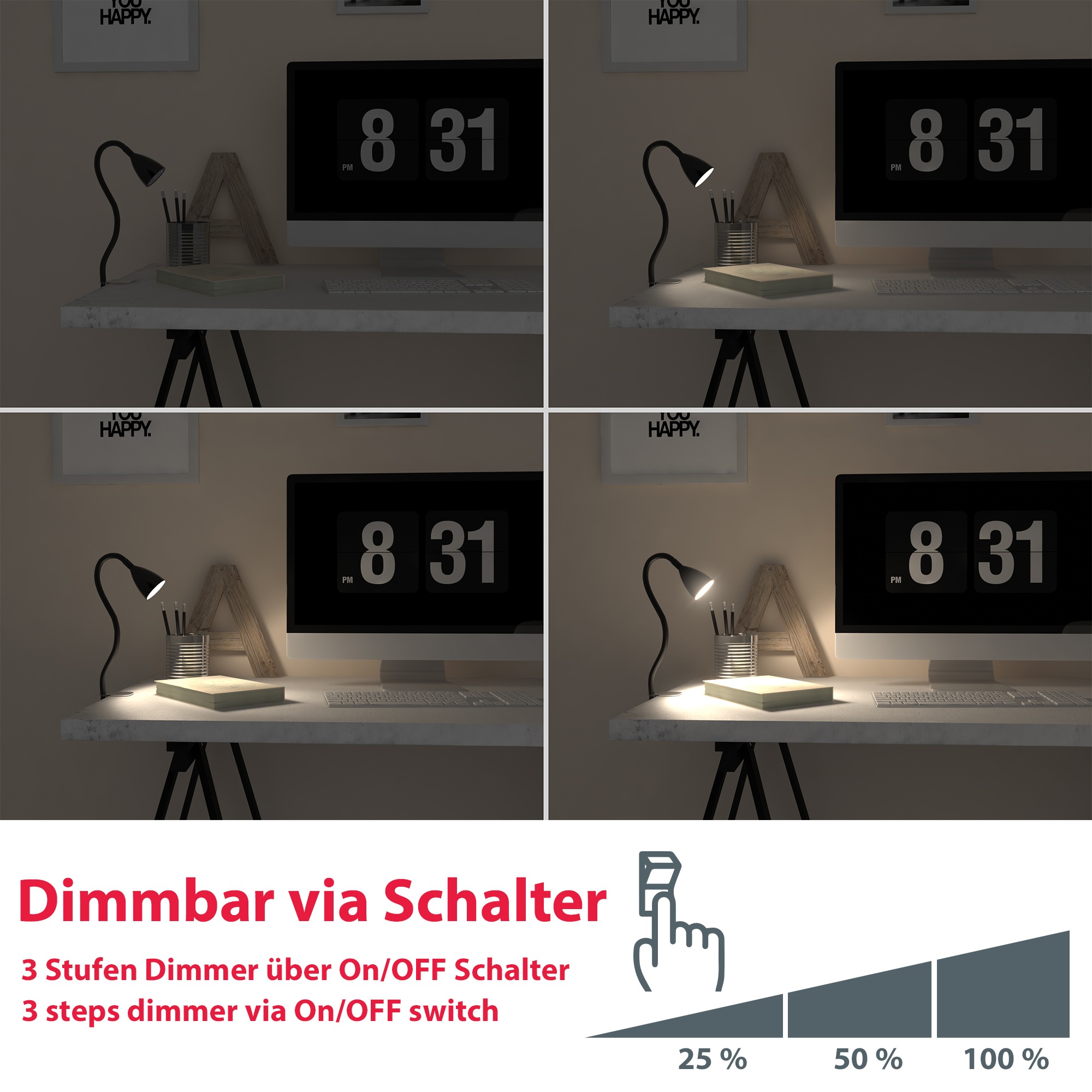 B.K.Licht LED Klemmleuchte »Sirius«, 1 flammig-flammig, 3-stufig, dimmbar, flexibler Schwanenhals mit Silikonmantel