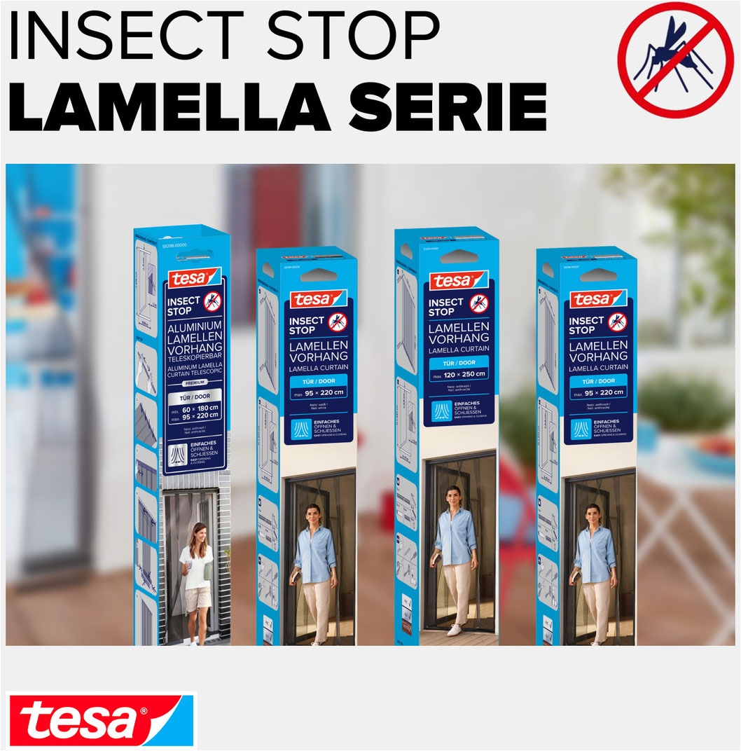 tesa Insektenschutz-Tür »Aluminium Lamellen Vorhang Premium - einfache Montage ohne Bohren« Packung, Alu Lamellentür teleskopierbar, selbstklebendes Premium-Klettband, 1 Stk. tlg. für Balkon- und Terrassentüren