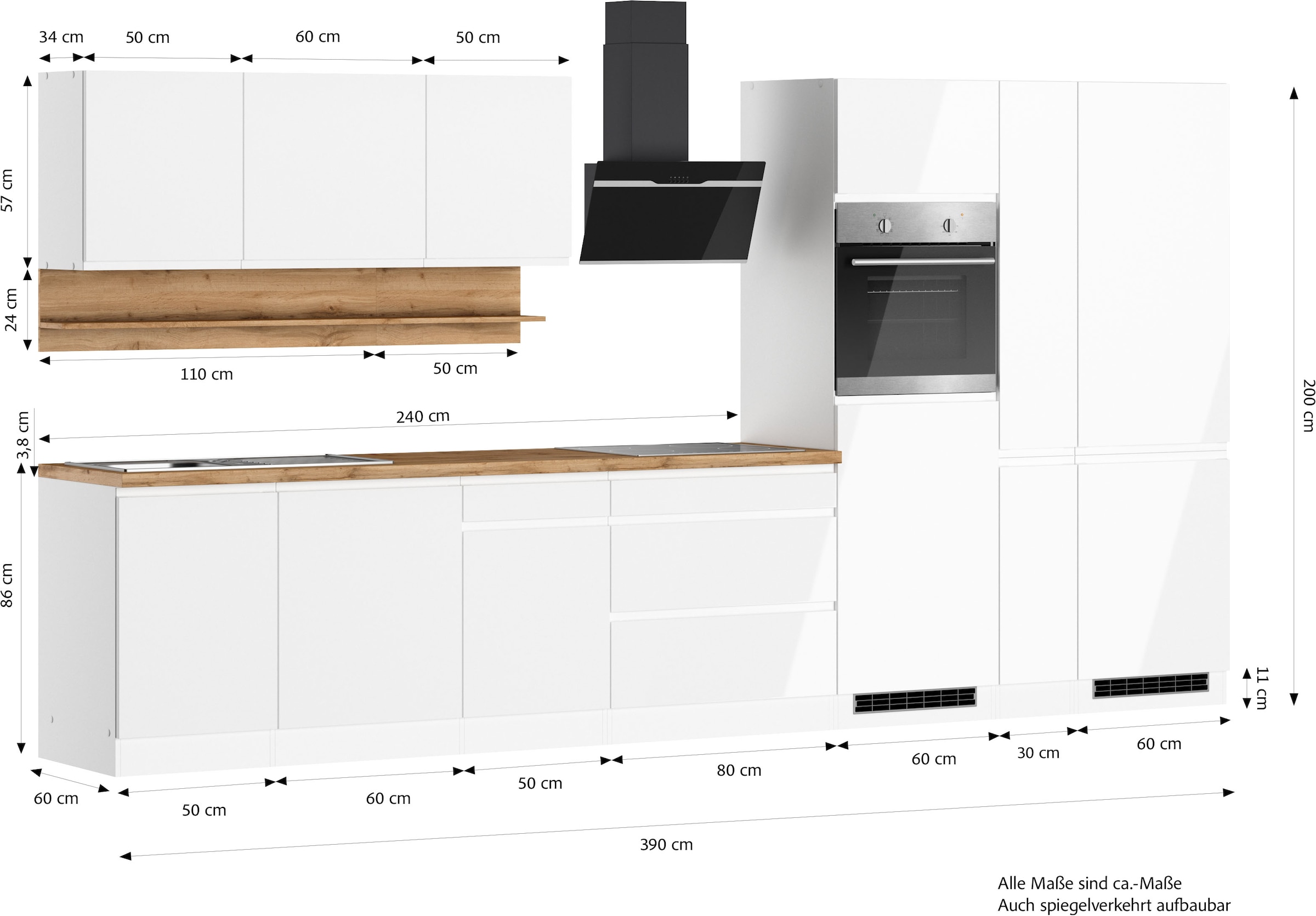 KOCHSTATION Küchenzeile »KS-Virginia,neu in verbesserter Ausführung« Breite 390 cm, Soft-Close, ohne E-Geräte