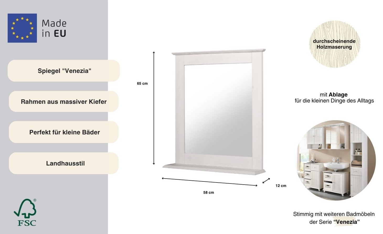 welltime Badspiegel »Venezia Landhaus/Sund« Badmöbel, Breite 58 cm, Rahmen aus Massivholz