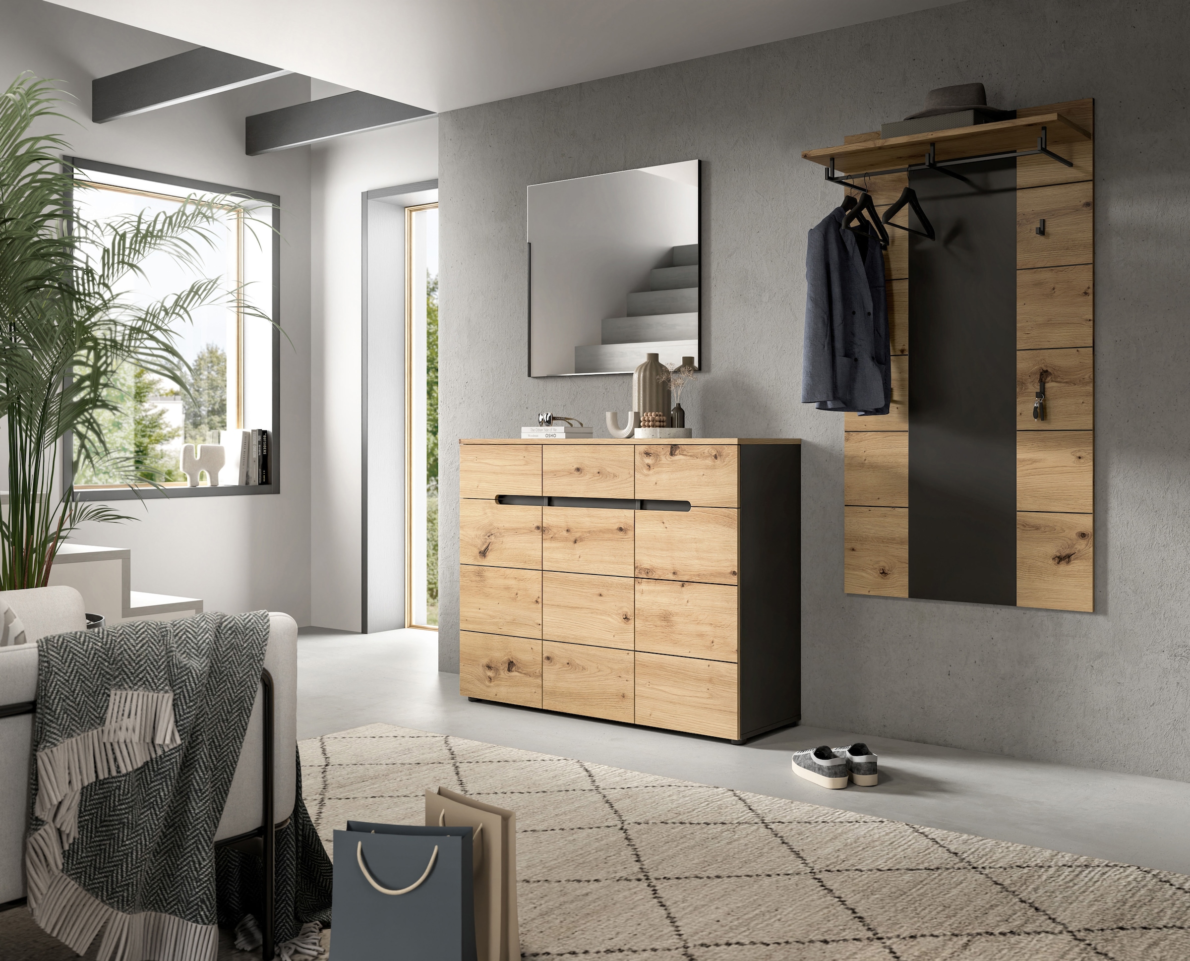 Home affaire Garderoben-Set »REHAT, TOPSELLER!, 3-teilig, Breite 215 cm, individuell erweiterbar« Set, bestehend aus: Kommode, Spiegel und Garderobenpaneel, 3 Stk. tlg.