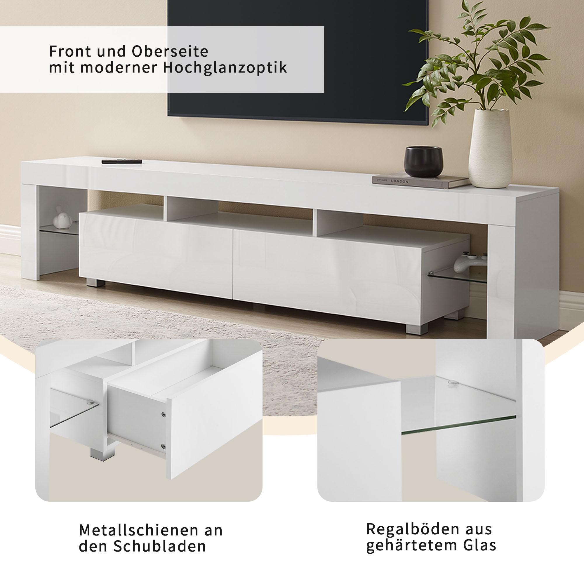 INOSIGN TV-Board »Cassy«, Hochglanz-Fronten, viel Stauraum und Metallschienen, Breite 200 cm