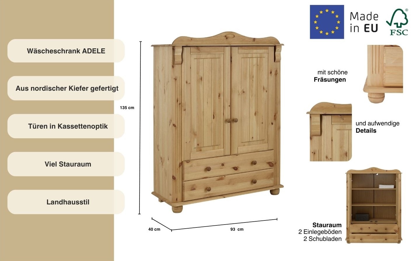 Home affaire Wäscheschrank »Adele, Mehrzweckschrank«, (2 Breiten: 93/130 cm H/T ca. 135/40 cm), aus massiver Kiefer, 2-oder 3-türig