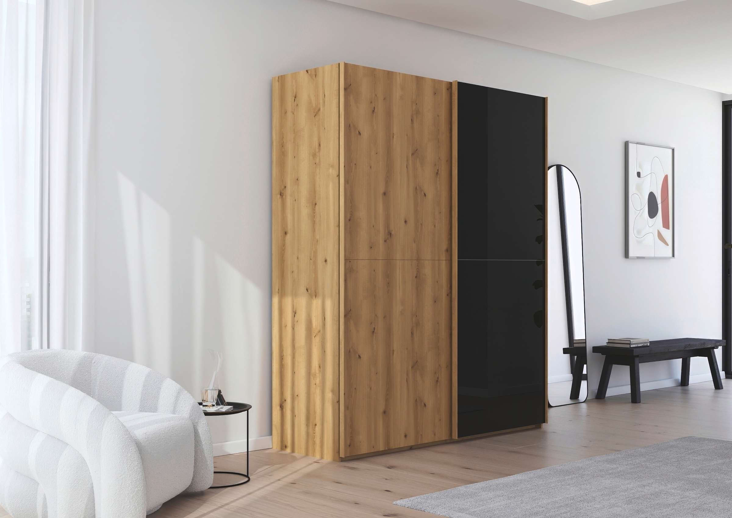 rauch Schwebetürenschrank »Kleiderschrank Schrank Garderobe Schlafzimmerschrank SCALE-WOOD« edle geteilte Front in massiver Asteiche mit Glastüren MADE IN GERMANY