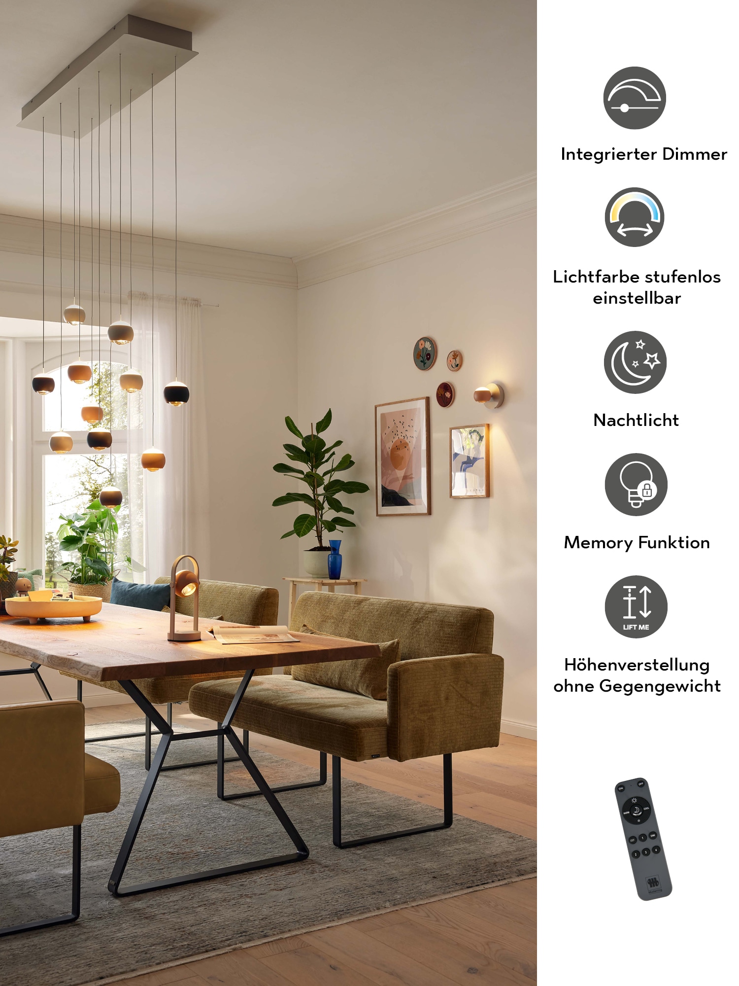 Musterring LED Pendelleuchte »CANNON, 11-flammige LED Hängelampe 5W 500Lumen 2300-4000K CCT« LED-Board 1 Stk. Farbwechsler | warmweiß - kaltweiß mit Fernbedienung, stufenlos höhenverstellbar max 195cm dimmbar Memory