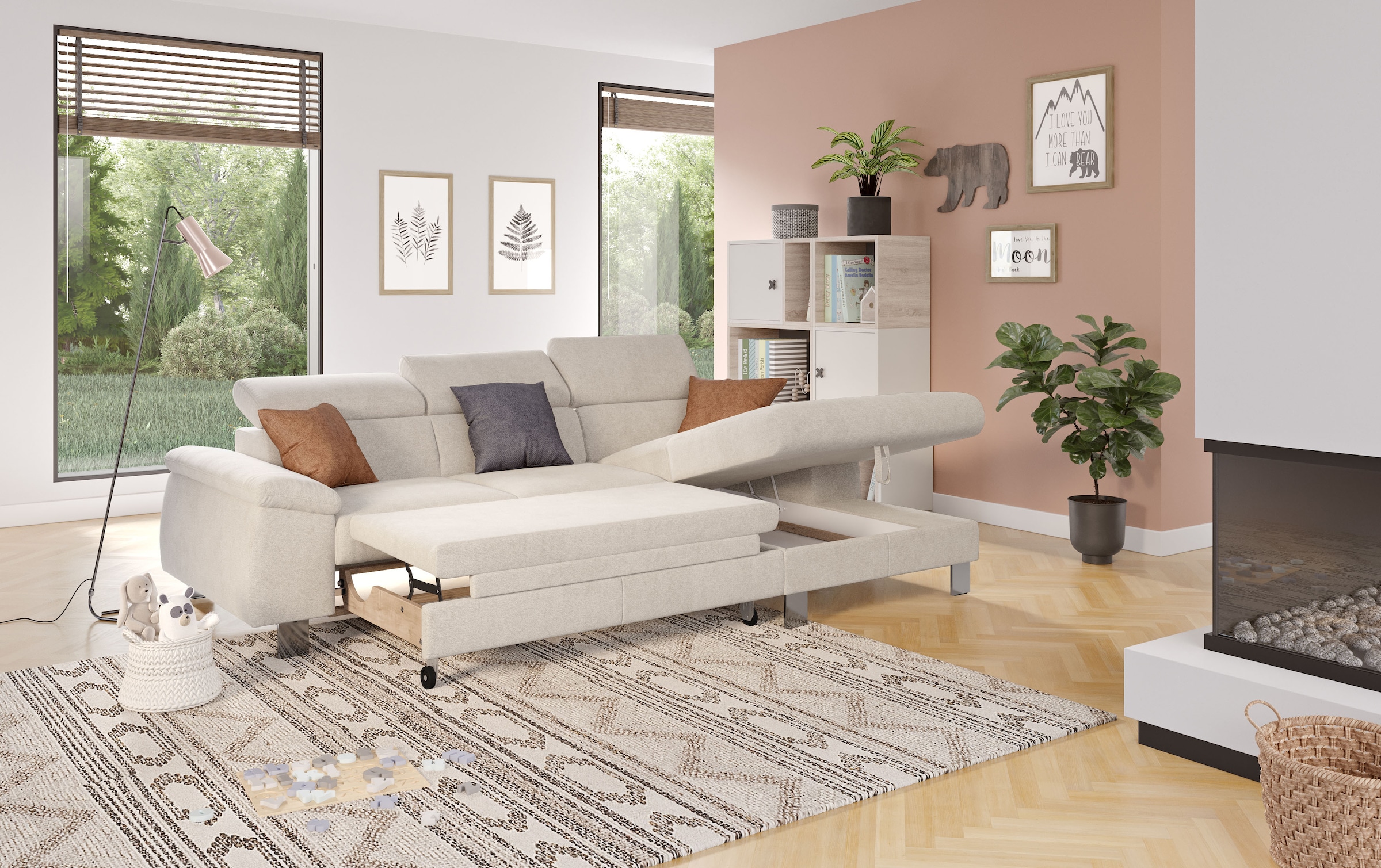 COTTA Ecksofa Komaris, Ecksofa, wahlweise mit RGB-LED-Beleuchtung und Bettfunktion/Bettkasten
