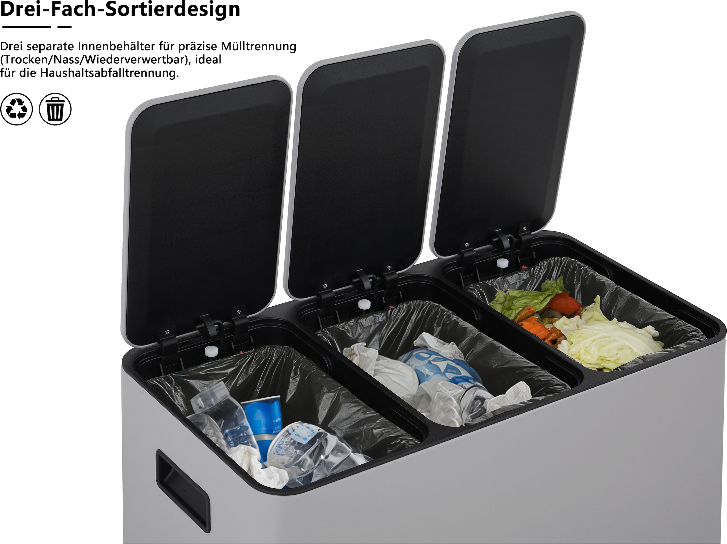 OTTO home Mülleimer »Garrin, mit 3 Fächern, Fassungsvermögen jeweils 15 Liter« 3 Behälter Mülltrennsystem mit 3 separaten Innenbehältern und Fußtrittpedalen