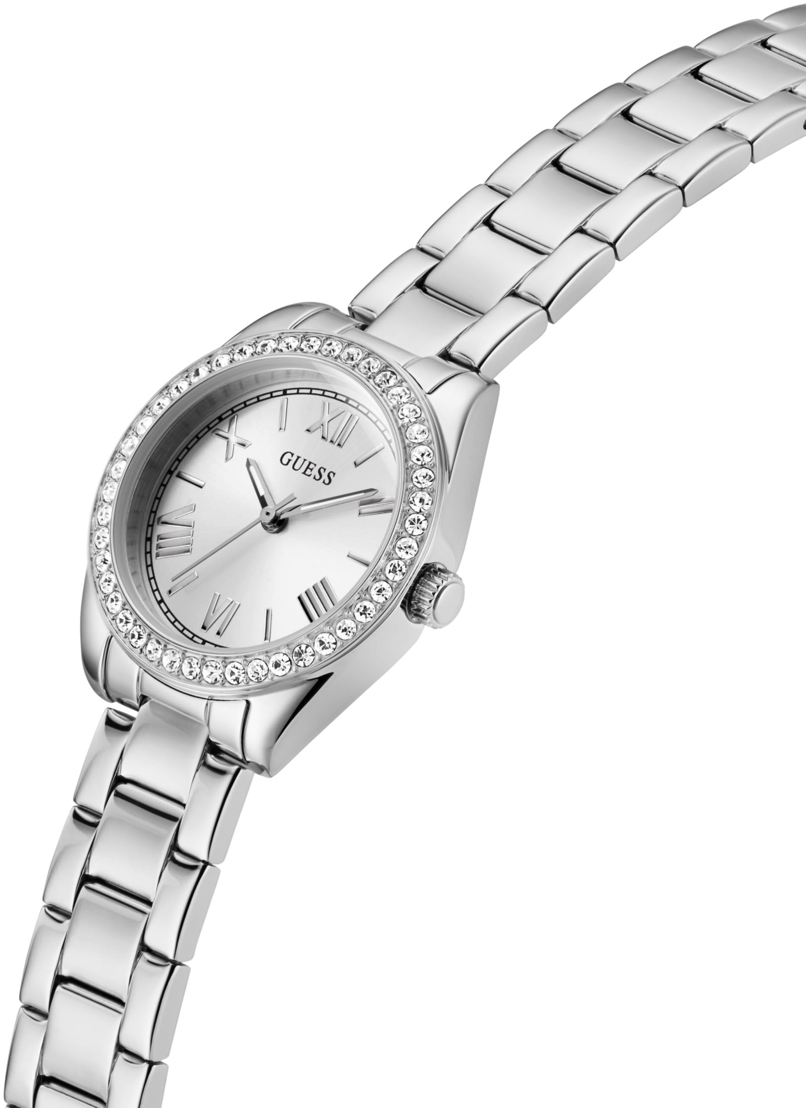 Guess Quarzuhr »MINI LUNA GLITZ« Armbanduhr, Damenuhr, Edelstahlarmband, analog, Kristallsteine