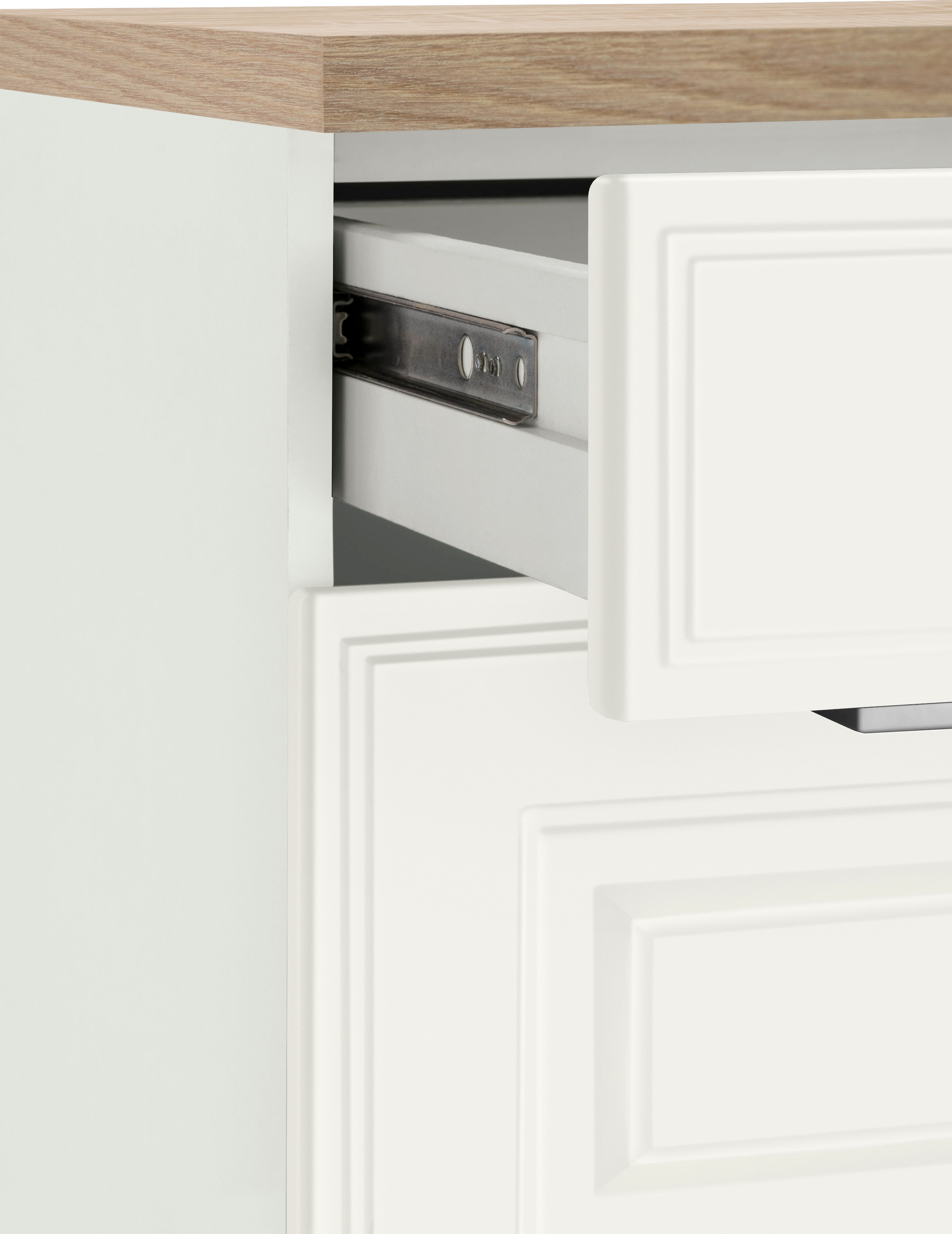 KOCHSTATION Küchenzeile »KS-Stockholm – Küche mit hochwertiger und detailreicher Landhausfront« Breite 270 cm, wahlweise mit E-Geräten,mit MDF-Fronten