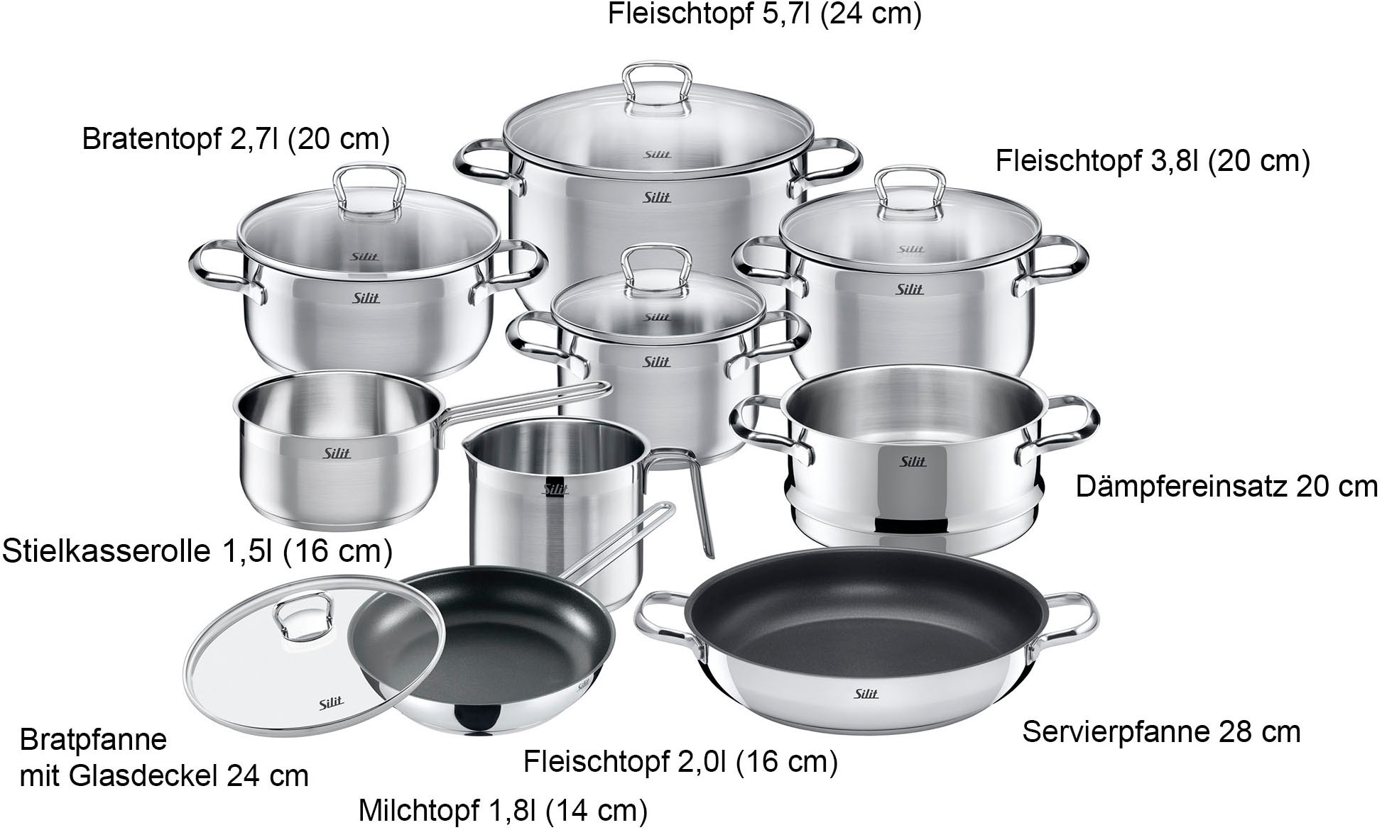 Silit Topf-Set »Toskana, Kochtopf Set mit Glasdeckel induktionsgeeignet, teilmattiert« Set, mit Milchtopf und Dampfgareinsatz, 14 Stk. tlg. Edelstahl 18/10