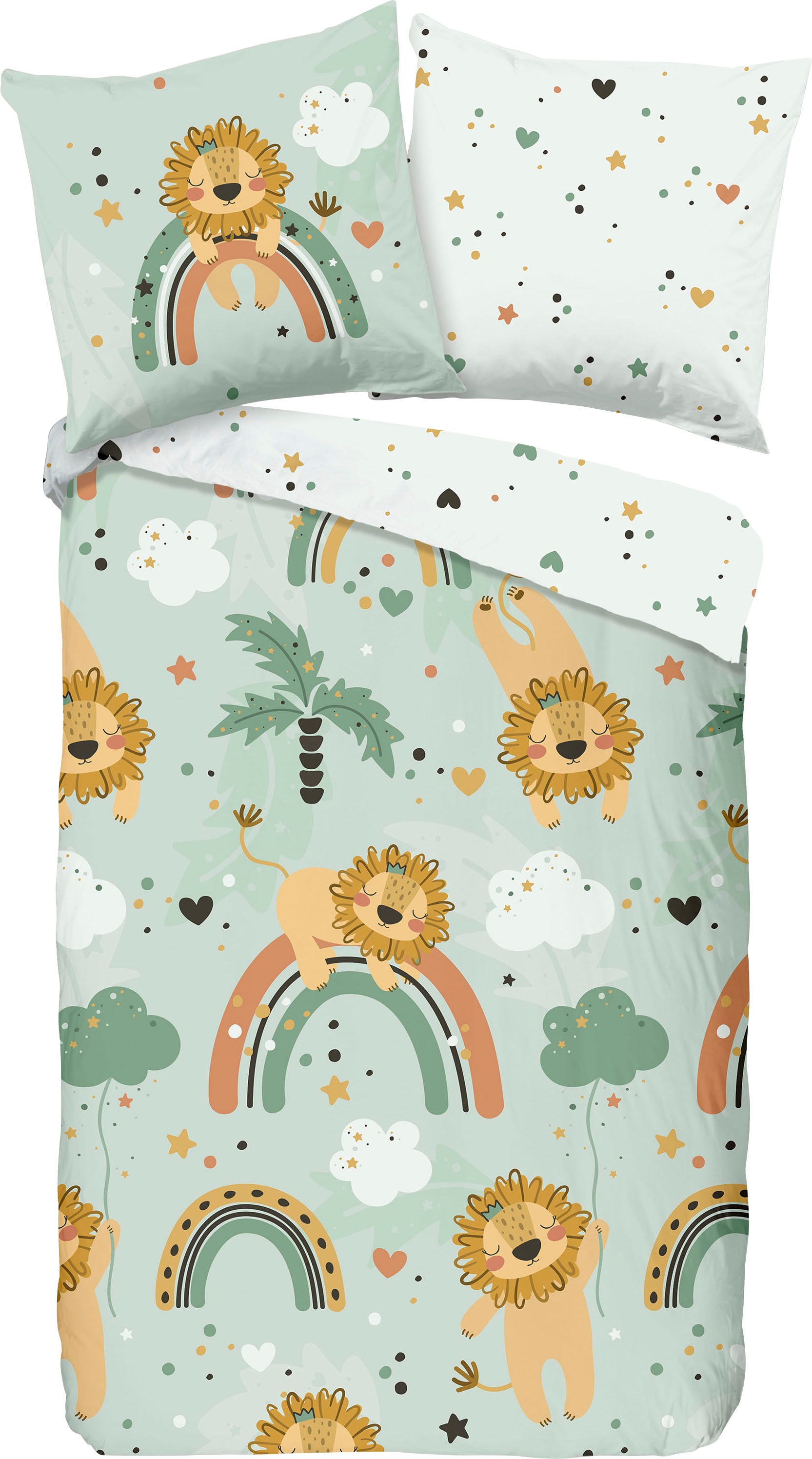 good morning Kinderbettwäsche »Lions«, Baumwolle, 135x200, Reißverschluss, Wendeoptik, Kind, Junge, Grün Löwe