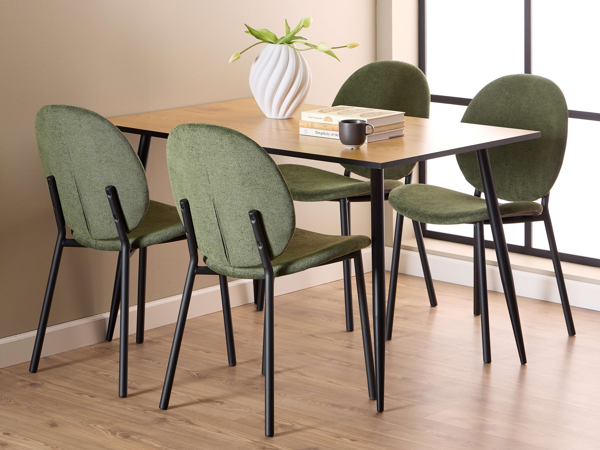 ACTONA GROUP Esszimmer-Set »Esspruppe, Speisetisch mit Wohnzimmerstühlen«, (Komplett-Set, 5 St., 1x Tisch + 4x Stuhle), Rechteckig Esstisch + 4x Stühle, Wildeiche, waldgrün, 120x80x75 cm