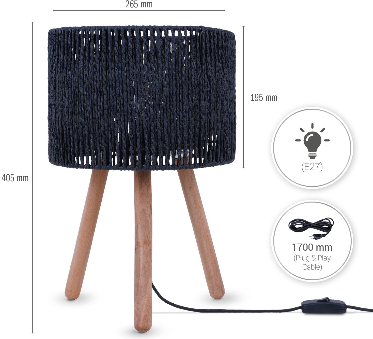 Paco Home Tischleuchte »PITA«, Leuchtmittel E27 | ohne Leuchtmittel, Nacht Schreib Lampenschirm Boho Holz Stativ E27