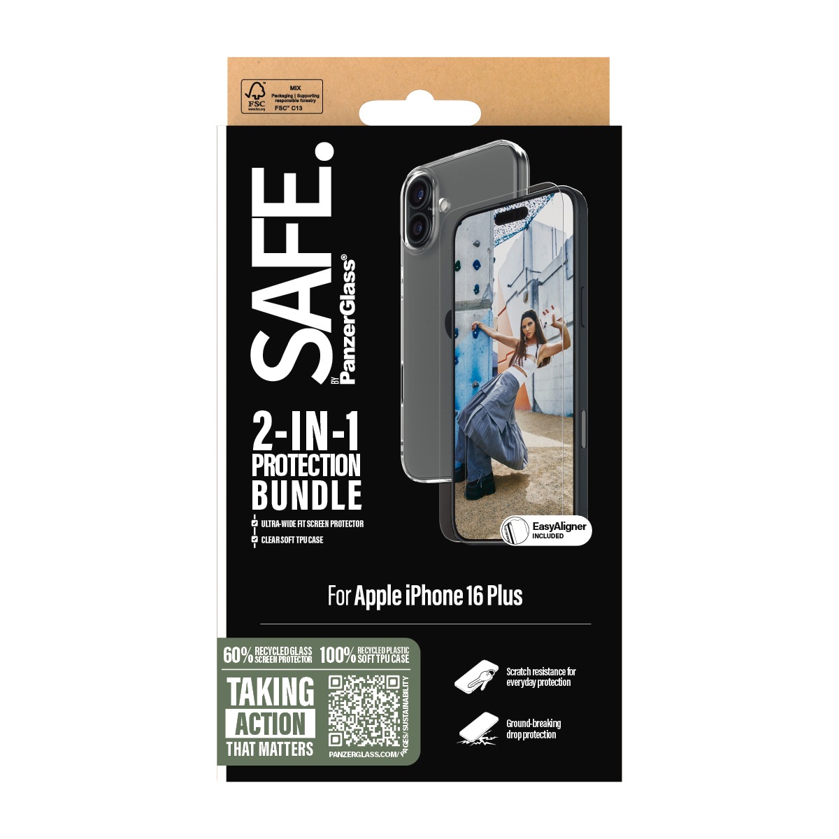SAFE by PanzerGlass Displayschutzglas »2-in-1 Protection Bundle, Glass, Soft TPU Case«, für Apple iPhone 16 Plus, Displayschutzfolie, Schutzfolie, Bildschirmschutz, kratz- & stoßfest