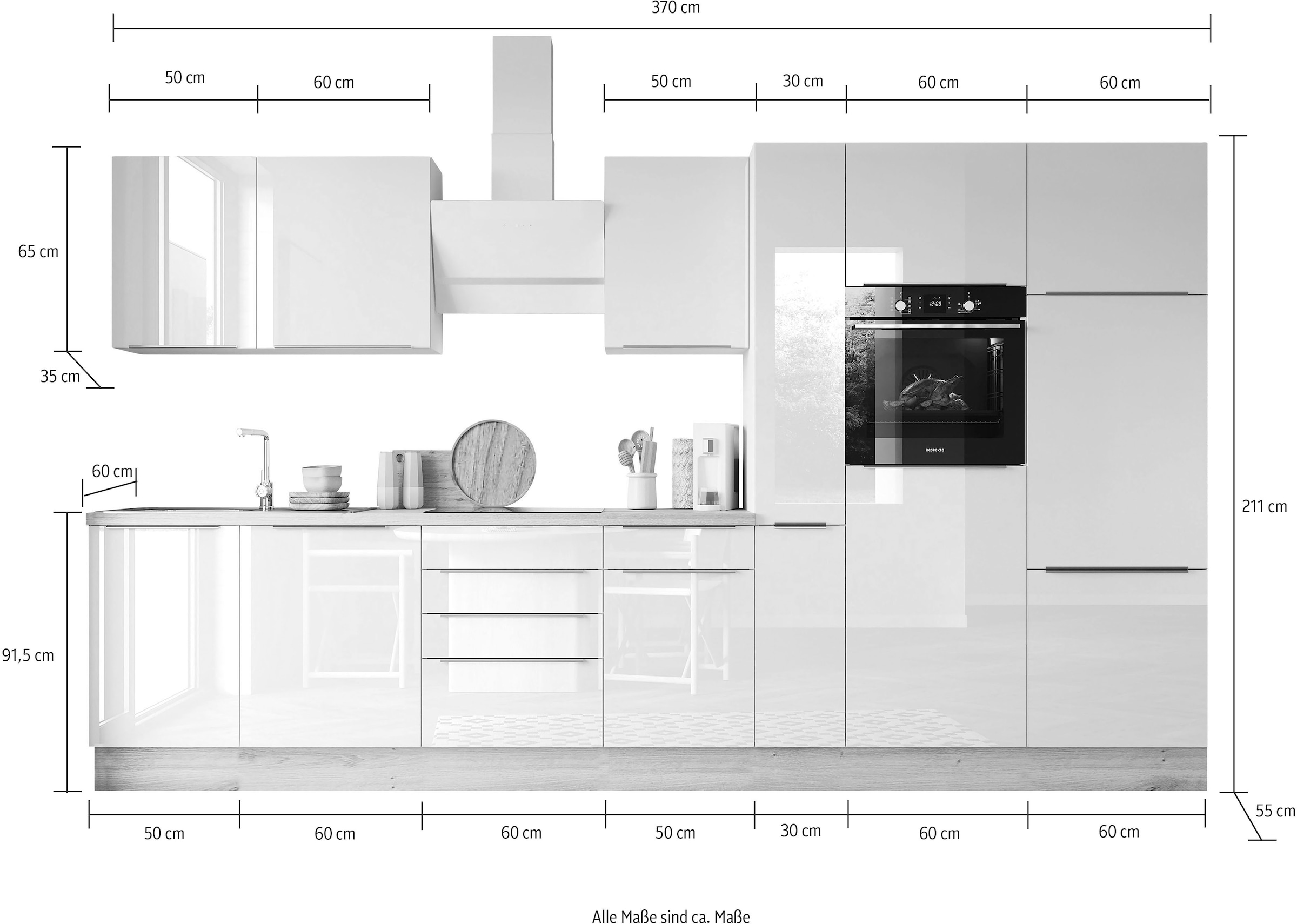 RESPEKTA Küchenzeile »Safado aus der Serie Marleen« Breite 370 cm, mit Soft-Close, in exklusiver Konfiguration für OTTO
