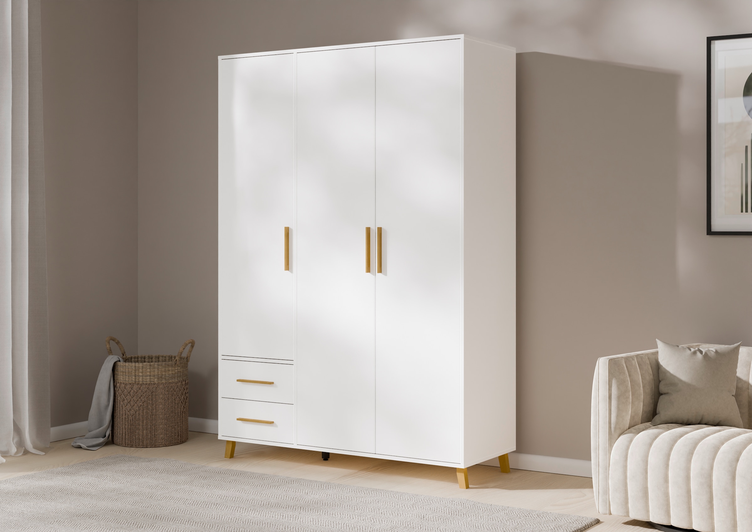 rauch Drehtürenschrank »Kleiderschrank Schrank Garderobe Wäscheschrank SHINJO«, (in 3 verschiedenen Ausstattungen BASIC/CLASSIC/PREMIUM), Griffe und Füße aus Massivholz mit 2 Schubladen MADE IN GERMANY