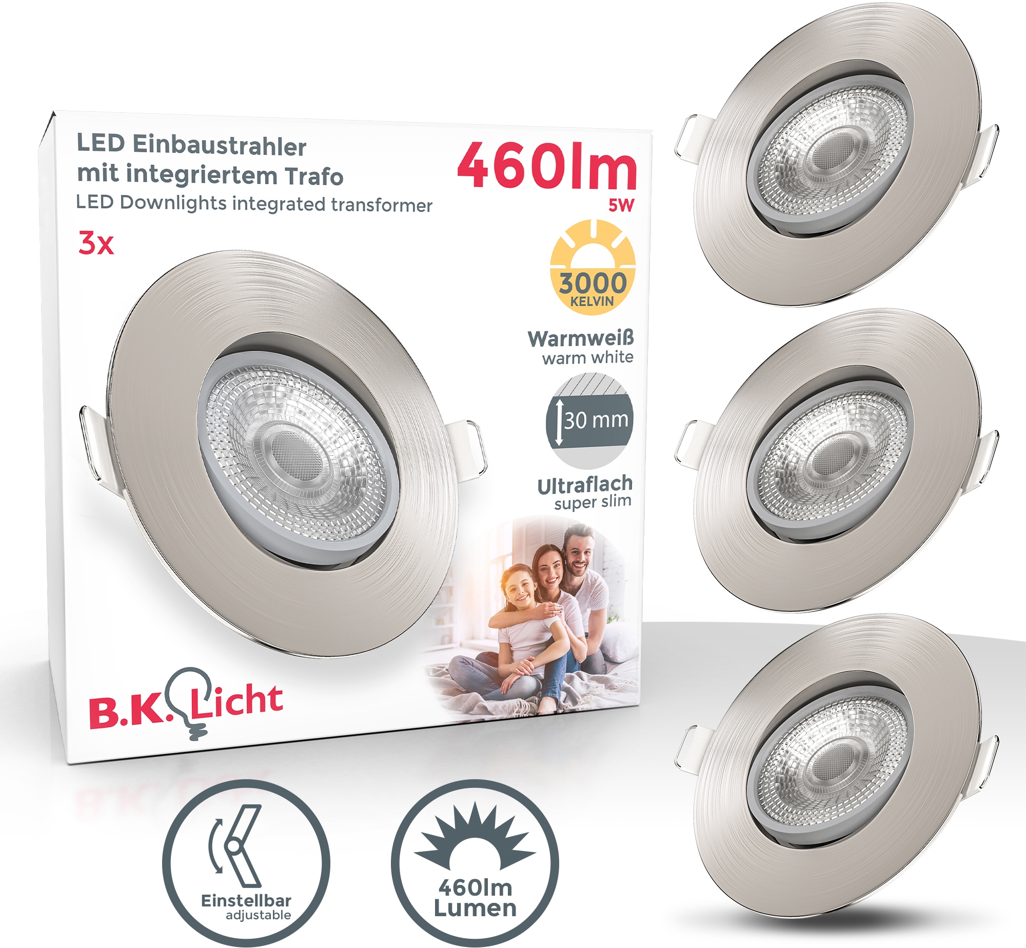 B.K.Licht LED Einbauleuchte, 3 ultra-flach, inkl. 5W schwenkbar, | Lumen, Garantie flammig-flammig, kaufen matt-nickel mit 3 online XXL Einbauspots, 460 Jahren