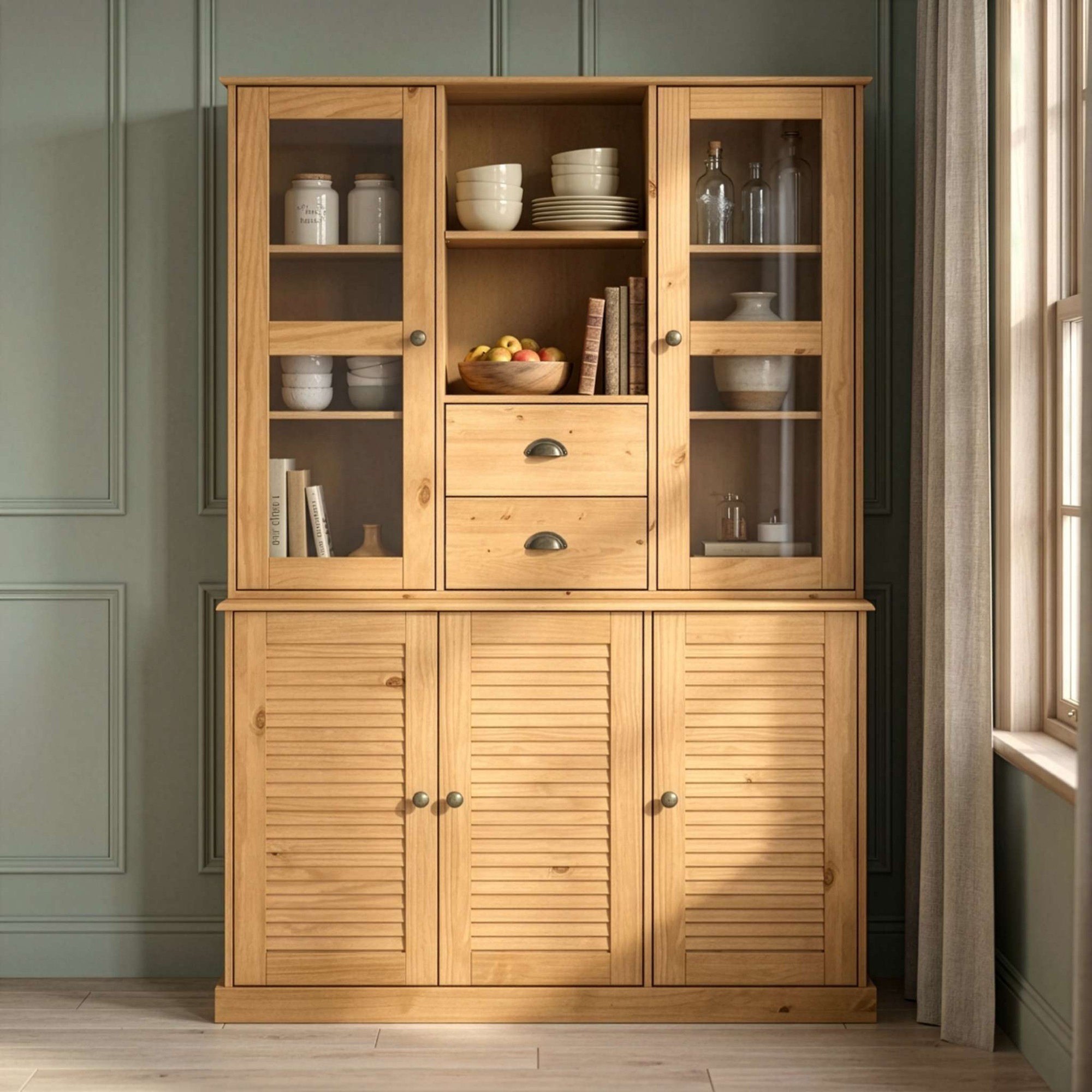 OTTO home Buffet »Turia« mit Glas- u. Lamellentüren, aus massivem Kiefernholz FSC®, Höhe 180 cm
