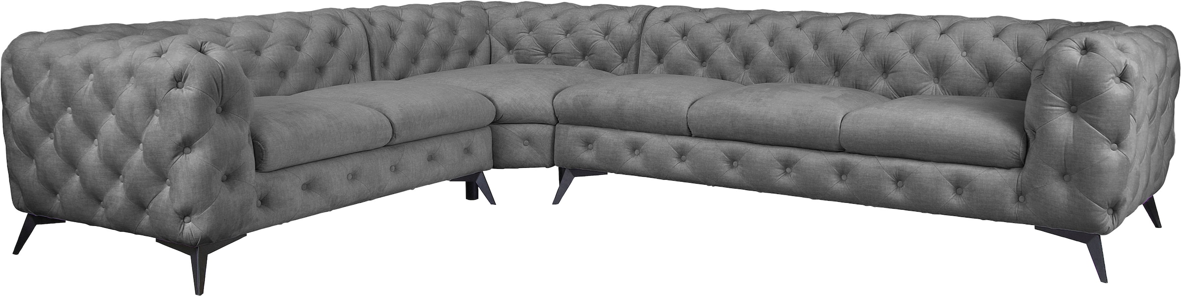 Leonique Chesterfield-Sofa »Ecksofa GLYNIS L-Form mit Wellenunterfederung, Maße B/T/H 323/264/75cm«, aufwändige Knopfheftung, moderne Chesterfield Optik, Fußfarbe wählbar