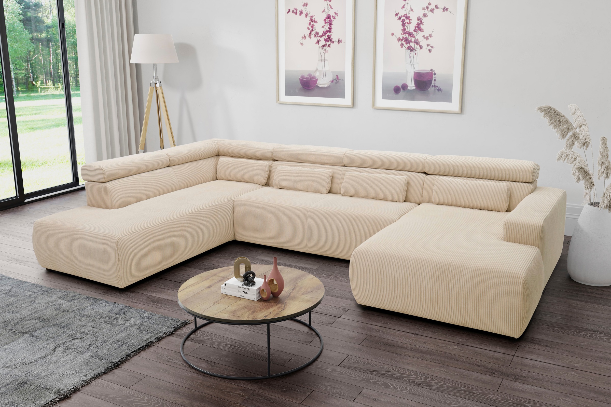 DOMO collection Wohnlandschaft »Brandon, belastbar bis 140kg/ Sitz, B/T: 359/228 cm, U-Form«, ohne Sitztiefenverstellung, Cord, creme