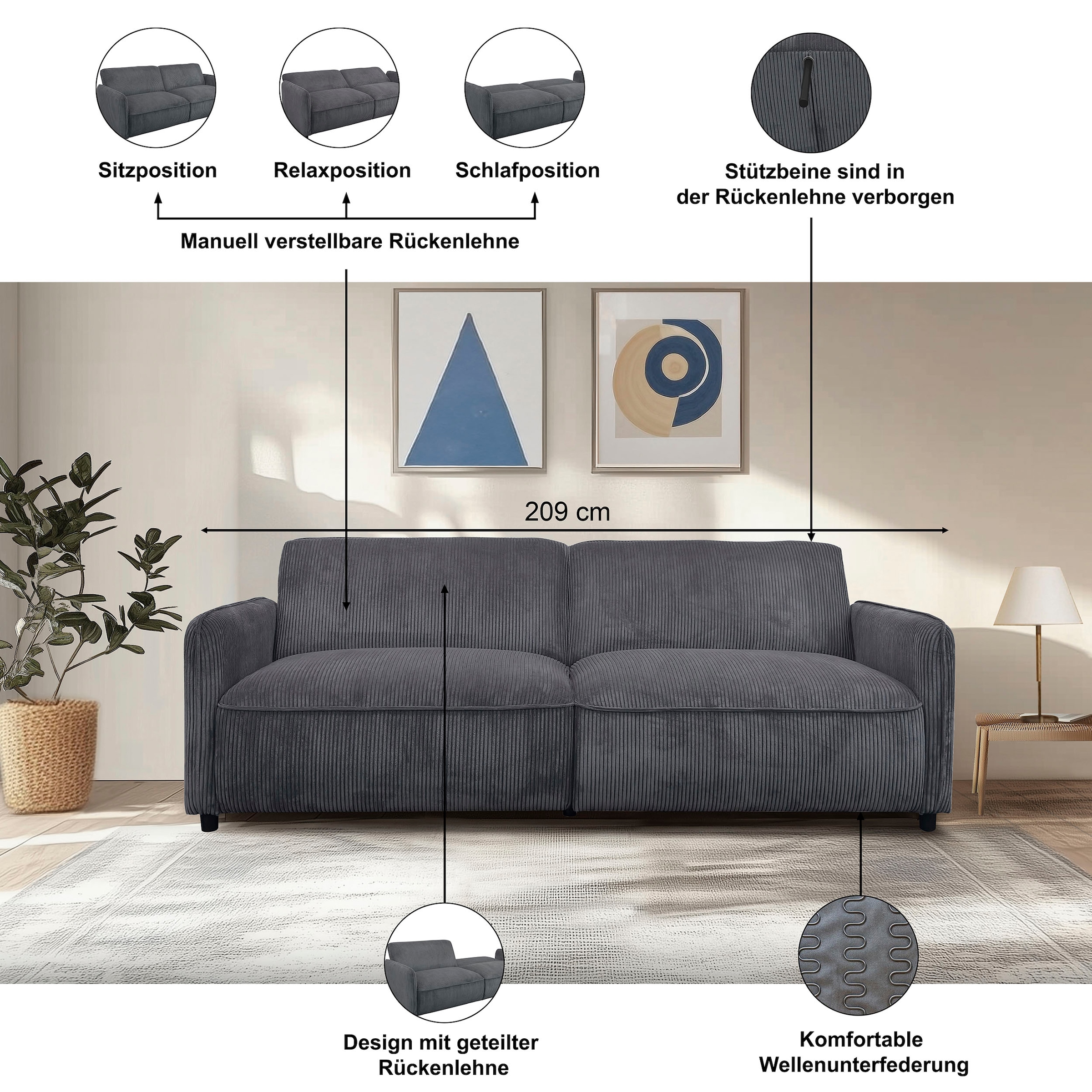 Dorel Home 3-Sitzer »Allie Curved Schlafsofa 209 cm« Bettfunktion (110/190), verstellbare Rückenlehne, Cord u. Velours