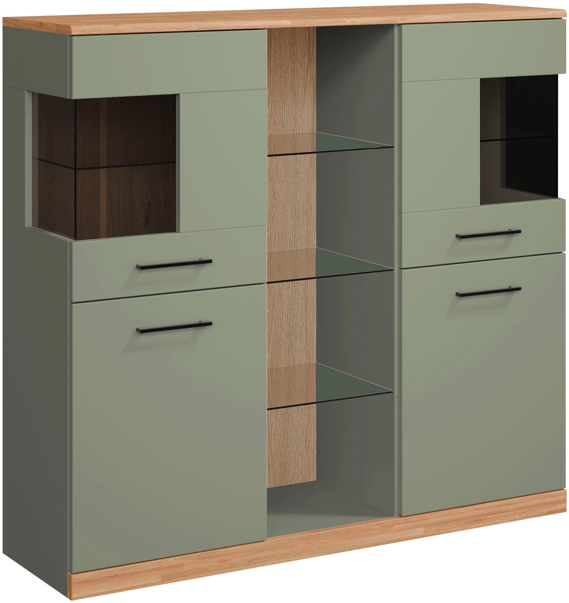 Home affaire Highboard »Ribe,120cm breit,112cm hoch,Oberplatte massiv,12 Fächer«, Eiche massiv,Melamin Salbeigrün,schwarze Metall Griffe,Türen mit Glass