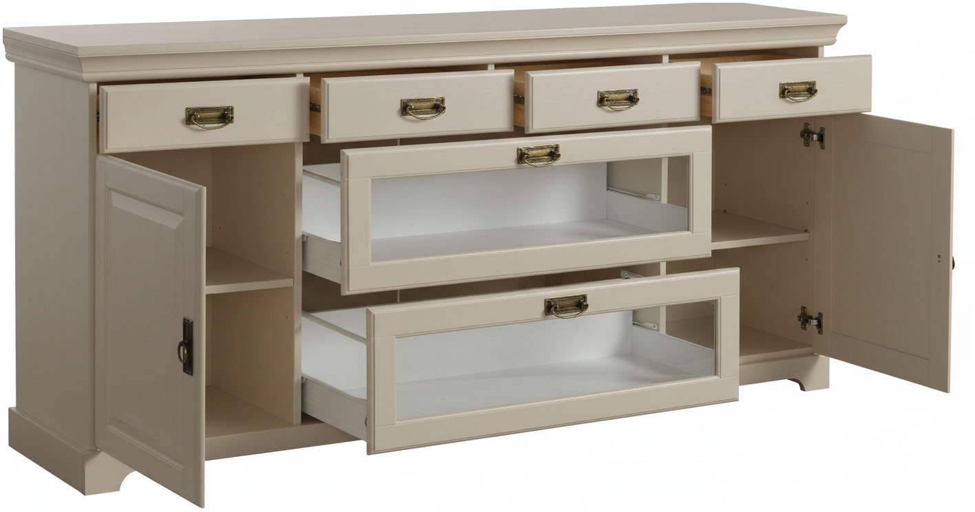 OTTO home Sideboard »Rügen Kommode mit 2 Türen, 6 Schubläden mit Metallringgriffe« aus massiver Kiefer, Schubladen mit Glaseinsatz, natürliche Maserung
