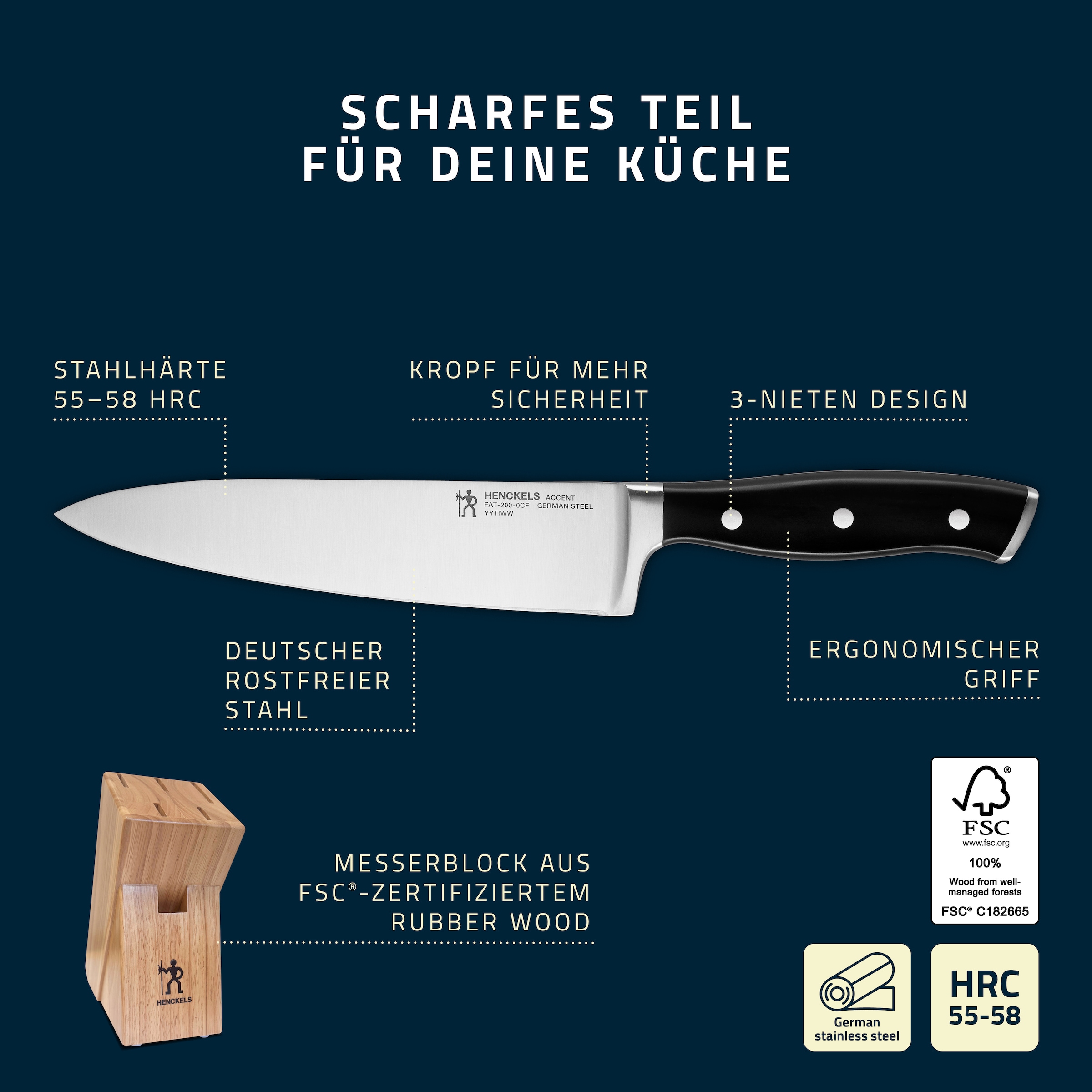 HENCKELS by ZWILLING Messerblock »Accent« 7 Messer mit 3-Nieten-Design-Griffen, Rostfreie Klingen