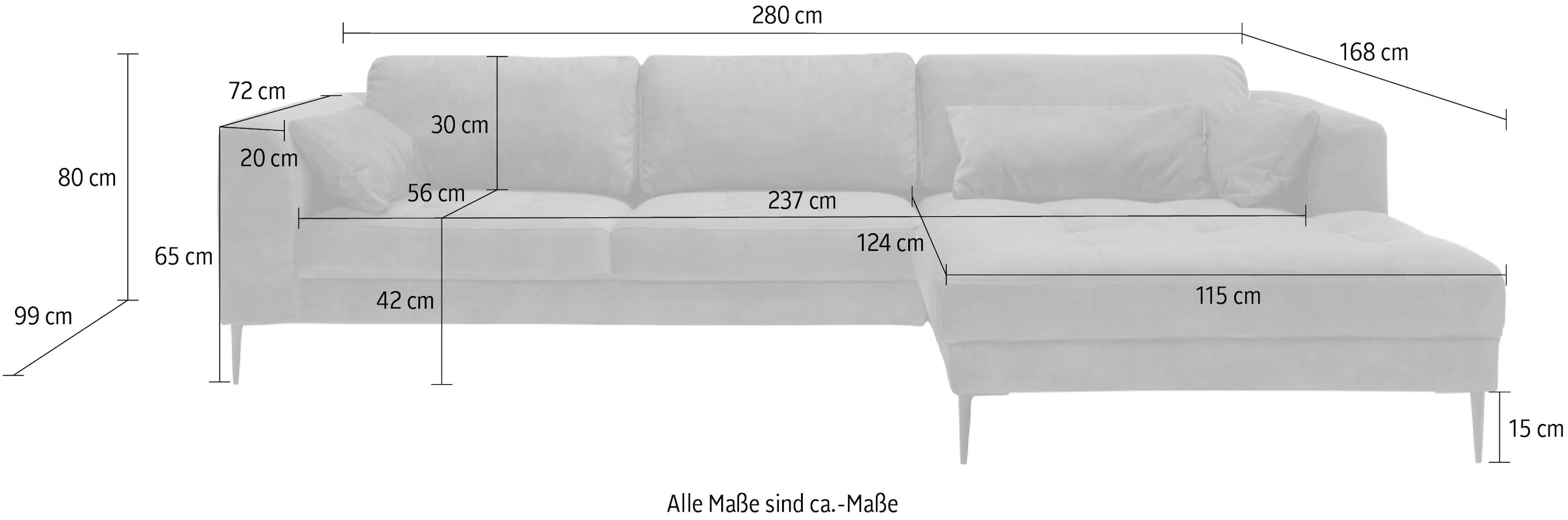 TRENDMANUFAKTUR Ecksofa »Luzi, wahlweise mit Schlaffunktion und Bettkasten bestellbar, L-Form«, Designsofa mit tollem Sitzkomfort, Metallfüße schwarz, Breite 280 cm