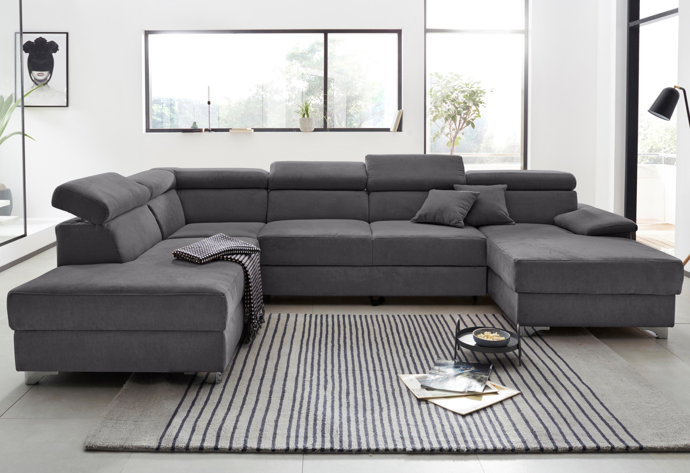 DOMO collection Wohnlandschaft »Mira, inklusive Kopfteilverstellung für mehr Wohlfühlkomfort, U-Form«, wahlweise mit Bettfunktion und Bettkasten, elegant und modern