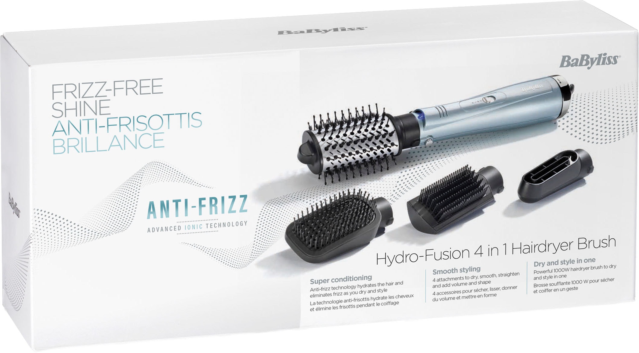 BaByliss Warmluftbürste »BaByliss Hydro Fusion Smooth & Shape 4-in-1 Warmluftbürste, AS774E« 4 Aufsätze Rundbürstenföhn mit Dual-Ionen für Anti-Frizz & 4 Aufsätzen, 1000W