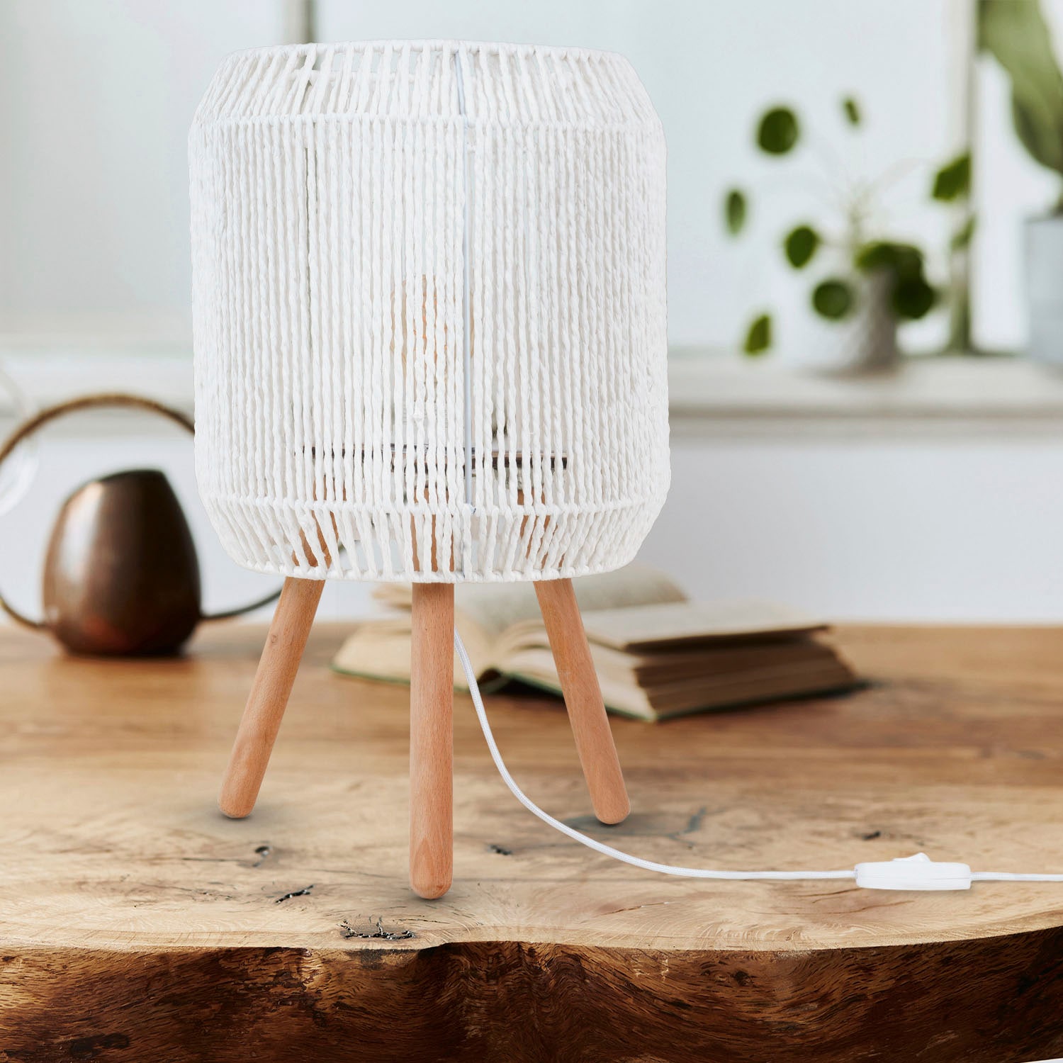 Paco Home Tischleuchte »SOL«, Leuchtmittel E27 | ohne Leuchtmittel, Boho Deko Lampenschirm Korb Holz E27