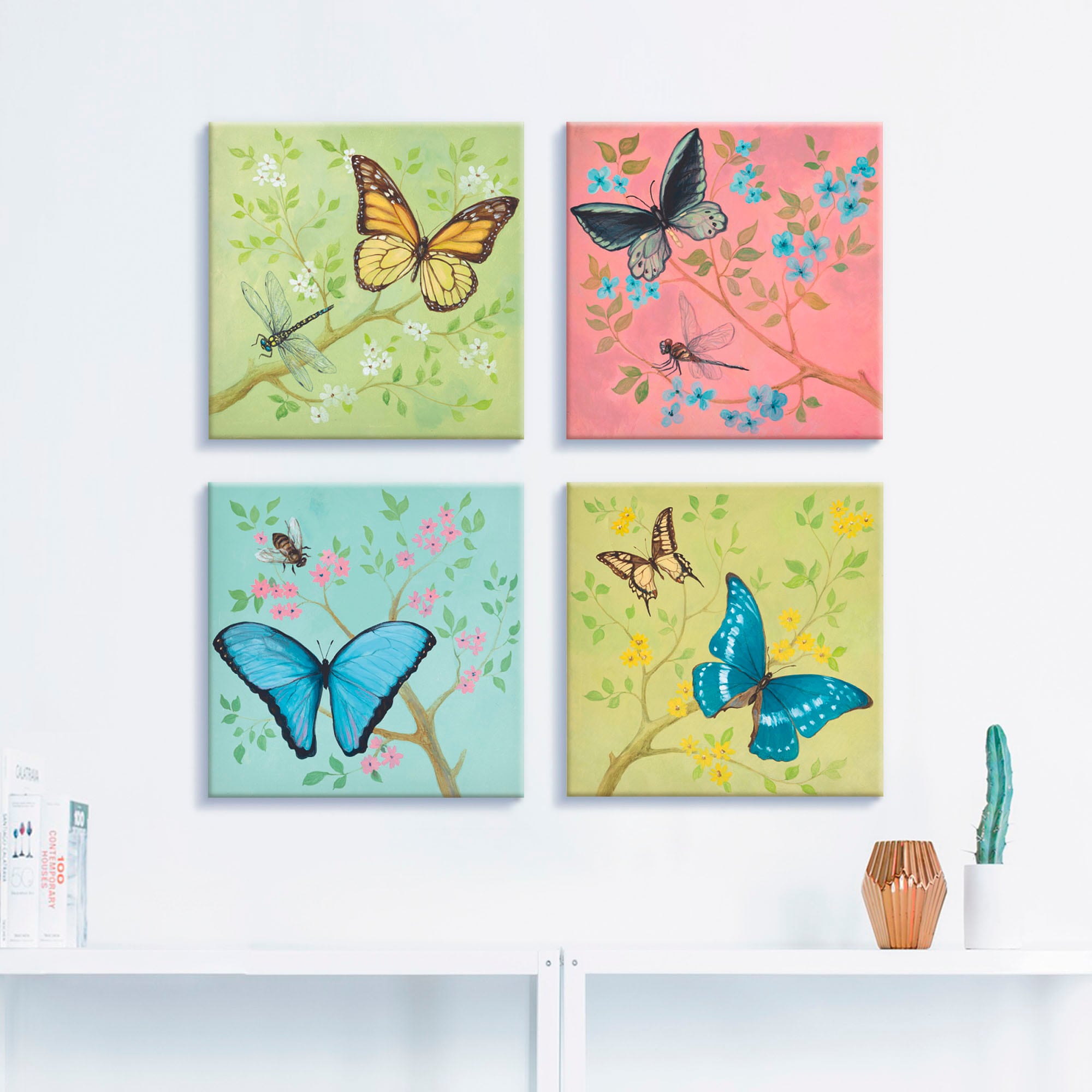 »Schmetterlinge Leinwandbild 4er Raten (4 Größen verschiedene Set, Insekten, Artland kaufen Pastell«, auf St.),