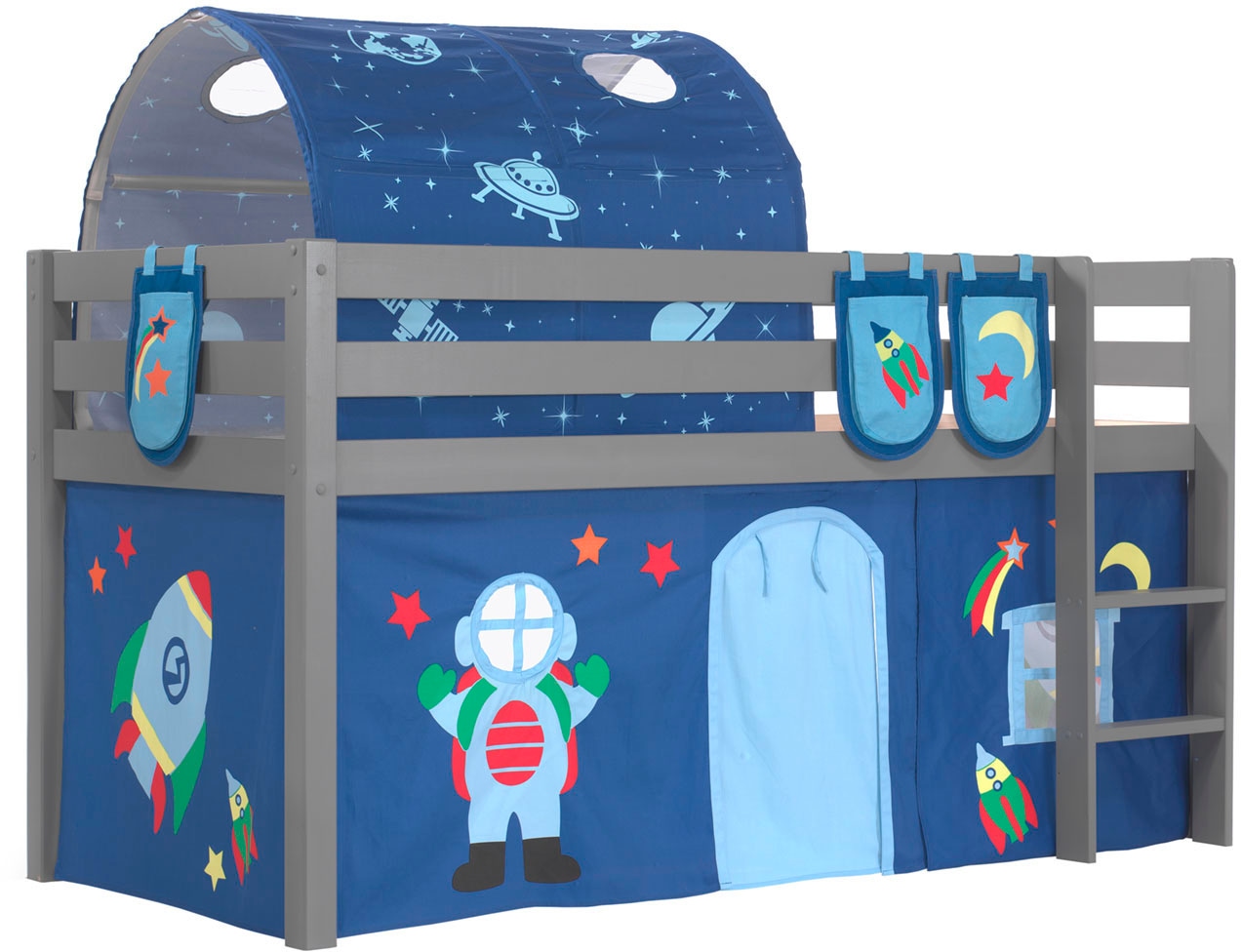 Vipack Hochbett »Pino, Spielbett massiv Kiefer, stabil gebaut, 3 Korpusfarben zur Wahl«, (inkl. Rolllattenrost, Leiter und Absturzschutz, mit oder ohne Rutsche), Textil-Set "Astronaut", inkl. Vorhang, mit oder ohne Tunnel