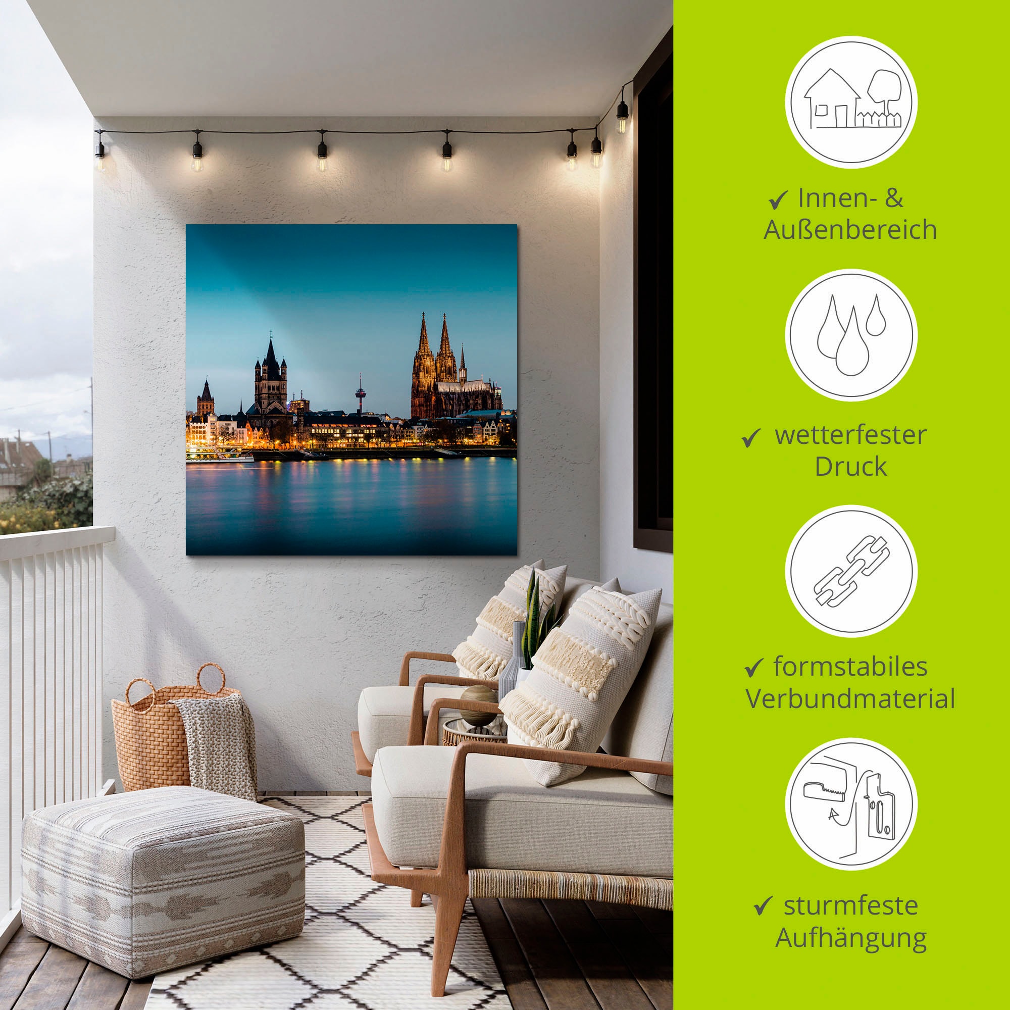 Artland Alu-Dibond-Druck »Köln Rheinpromenade«, Deutschland, (1 St.), für Innen- und Außenbereich geeignet, Outdoorbild
