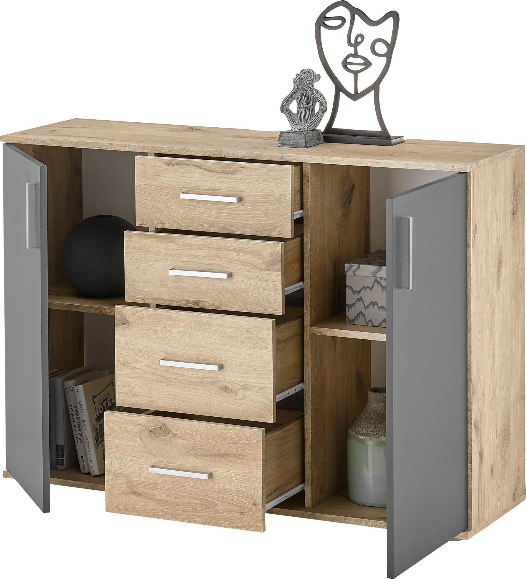 HBZ Kommode »BC-Drift-2, Sideboard Stellmaß 120x84x35 cm«, (1 St.), Sideboard mit 2 Türen, 4 Schubkästen, 2 Einlegeböden