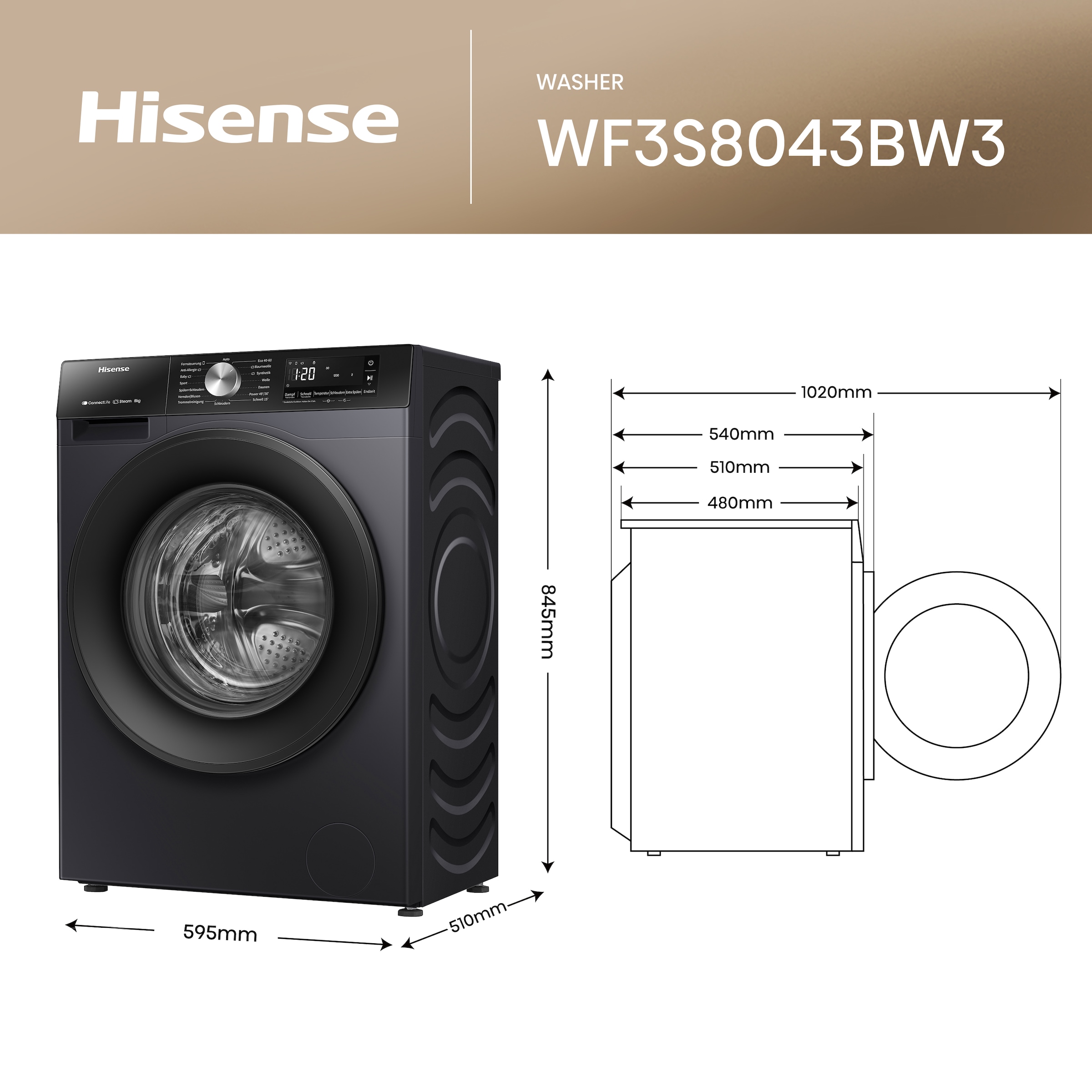 Hisense Waschmaschine »WF3S8043BB3«, 8 kg, 1400 U/min, Wifi-ConnectLife