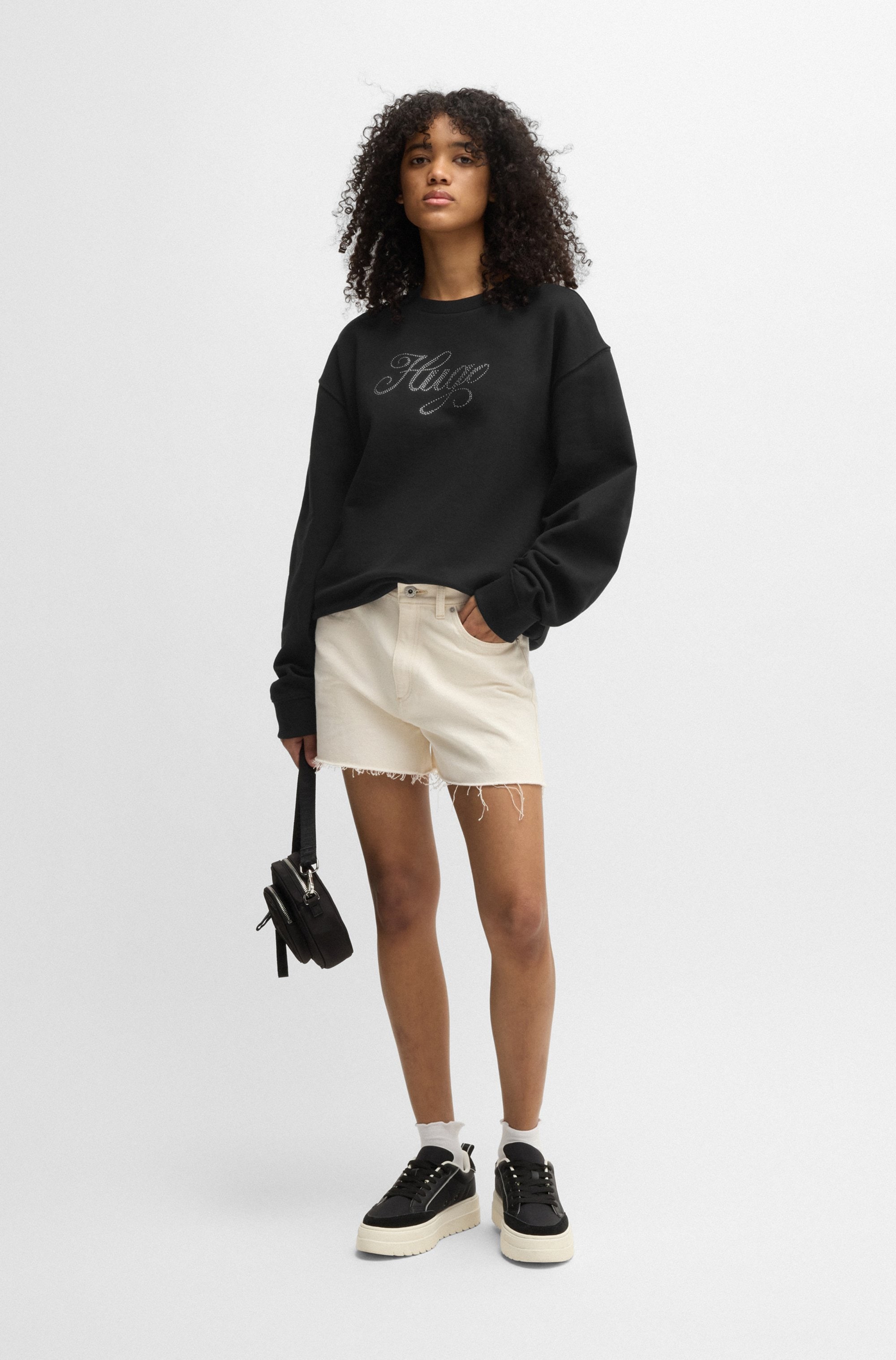 HUGO Blue Sweatshirt »Oversized Crew«, mit Flower Backprint, Straß Logo Print